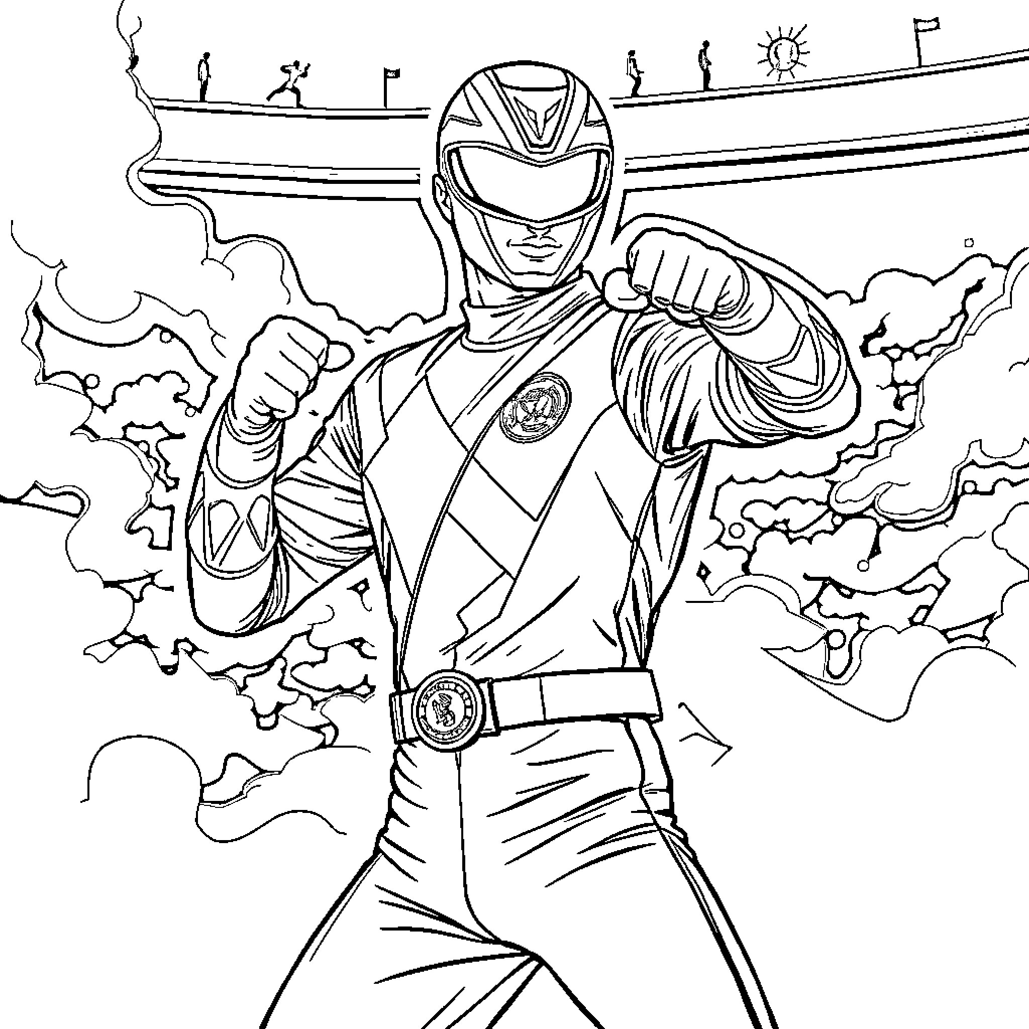 Cristiano Ronaldo as Mighty Power Ranger in Dramatic Pose Coloring Page (free black-and-white line drawing printable PDF for all, from beginners to advanced learners, including children, teens, adults, and seniors)