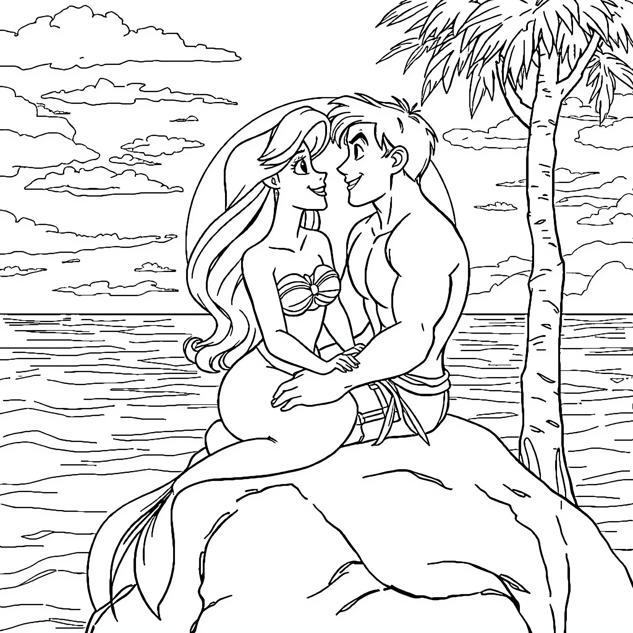 Ariel and Eric enjoying a romantic beach scene Coloring Page (free black-and-white line drawing printable PDF for all, from beginners to advanced learners, including children, teens, adults, and seniors)