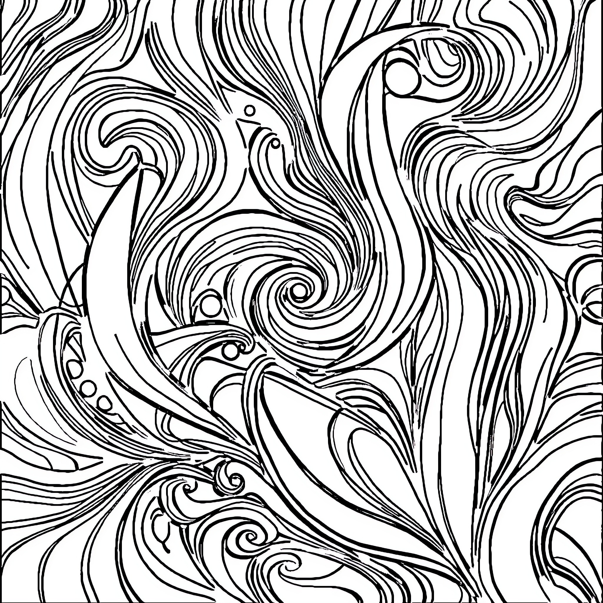 Abstract Swirling Lines and Shapes Coloring Page (free black-and-white line drawing printable PDF for all, from beginners to advanced learners, including children, teens, adults, and seniors)