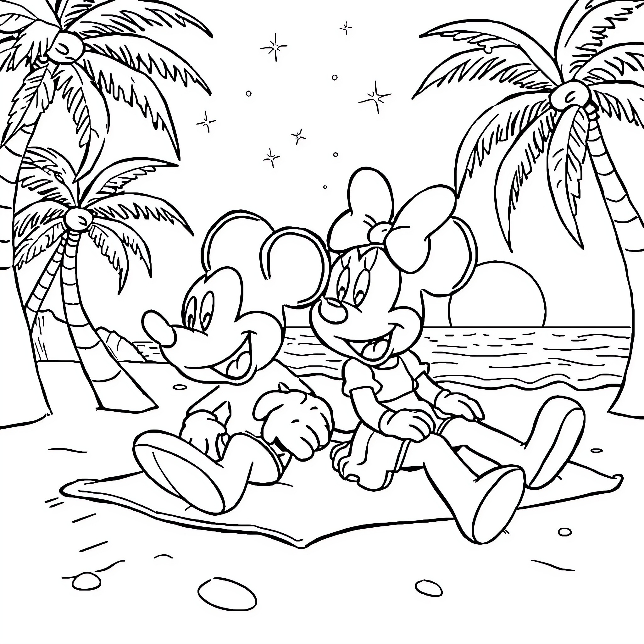 Mickey and Minnie's Tropical Adventure Coloring Page (free black-and-white line drawing printable PDF for all, from beginners to advanced learners, including children, teens, adults, and seniors)