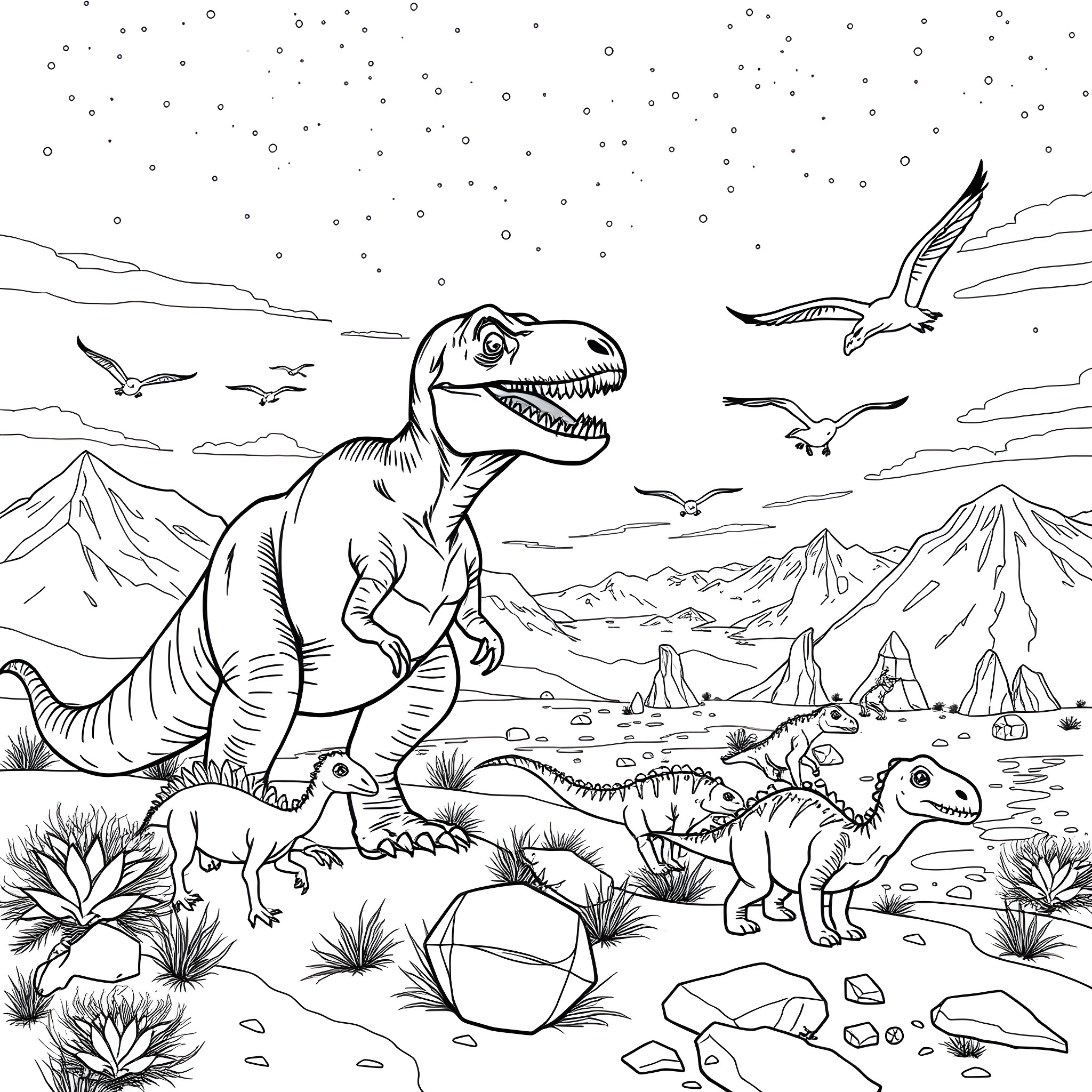 Dinosaurs roaming the prehistoric landscape Coloring Page (free black-and-white line drawing printable PDF for all, from beginners to advanced learners, including children, teens, adults, and seniors)