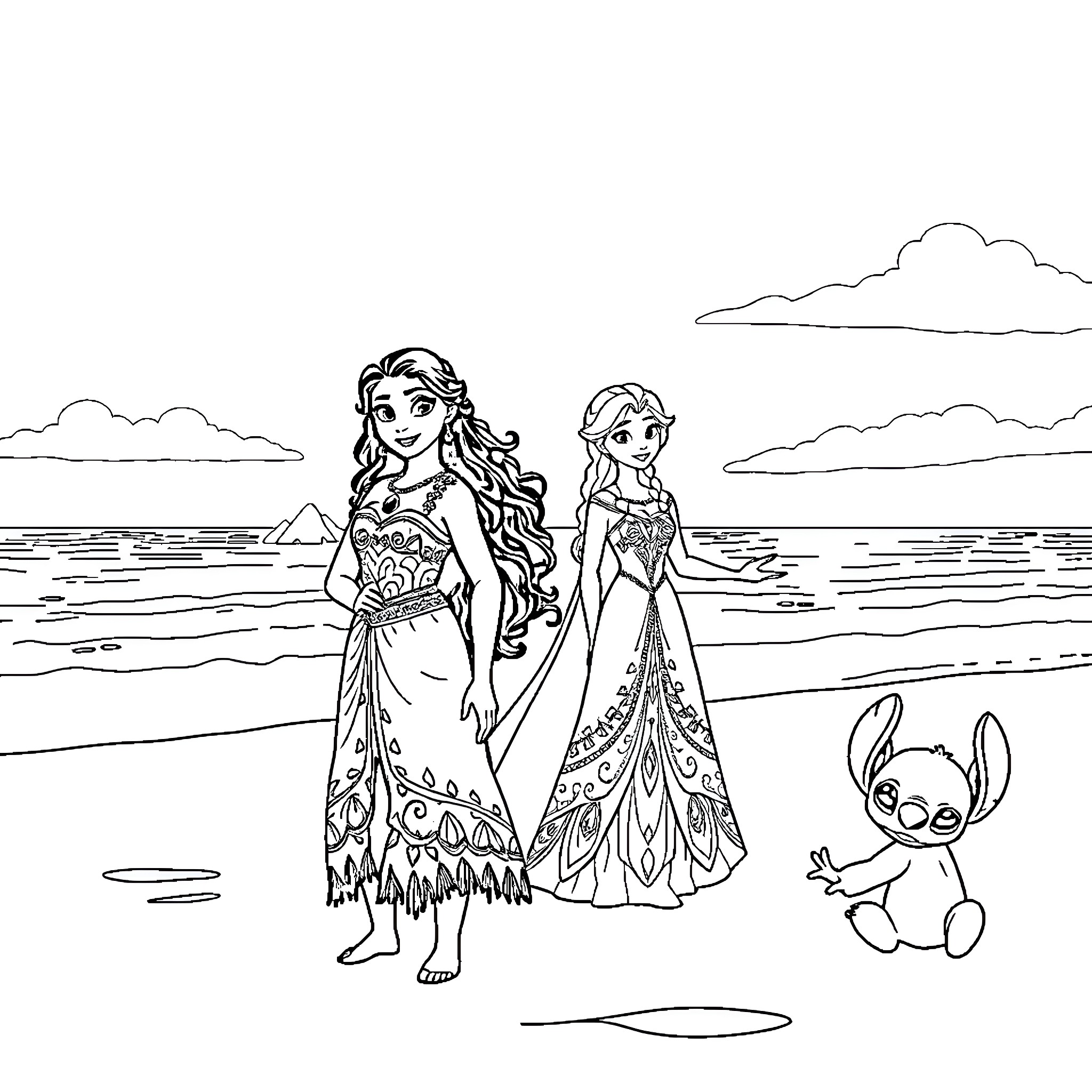 Moana and Elsa enjoying a beach day with Stitch Coloring Page (free black-and-white line drawing printable PDF for all, from beginners to advanced learners, including children, teens, adults, and seniors)