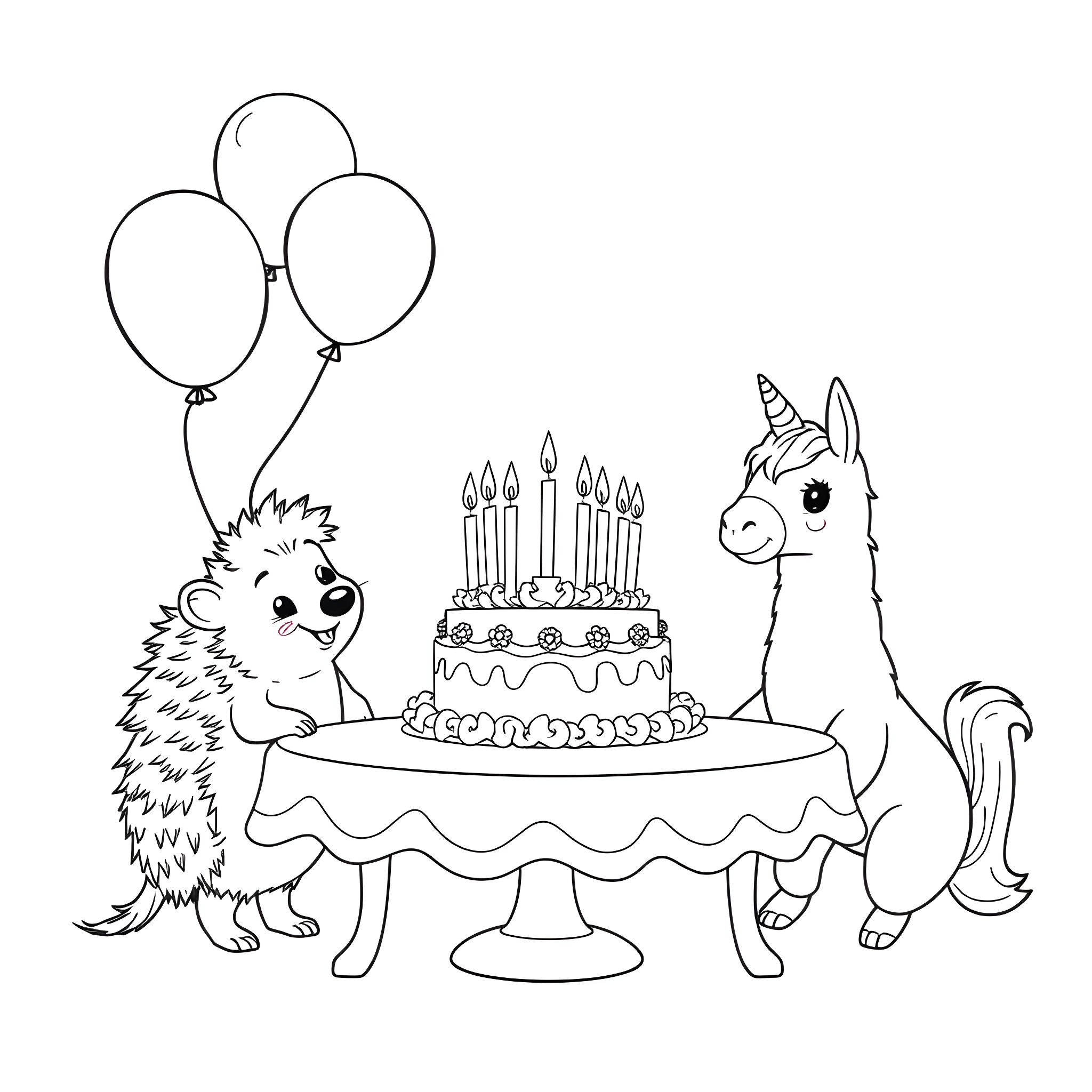 Hedgehog and Llama Celebrating Birthday with Cake and Balloons Coloring Page (free black-and-white line drawing printable PDF for all, from beginners to advanced learners, including children, teens, adults, and seniors)