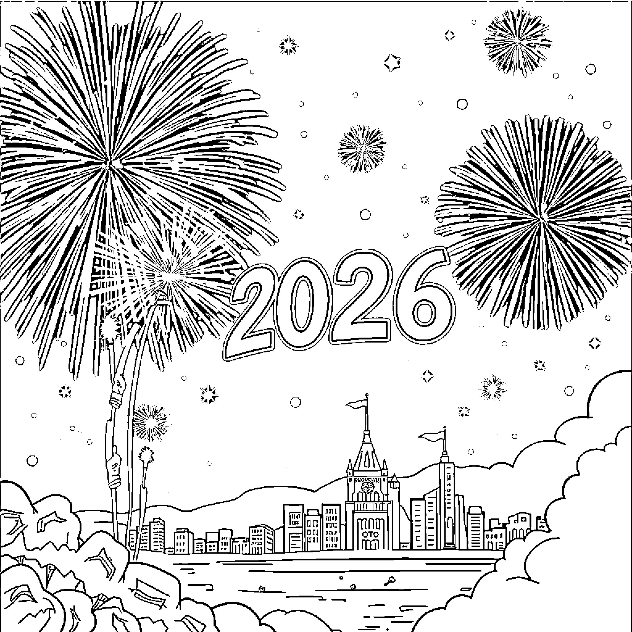 New Year Celebration with Fireworks and Cityscape Coloring Page (free black-and-white line drawing printable PDF for all, from beginners to advanced learners, including children, teens, adults, and seniors)