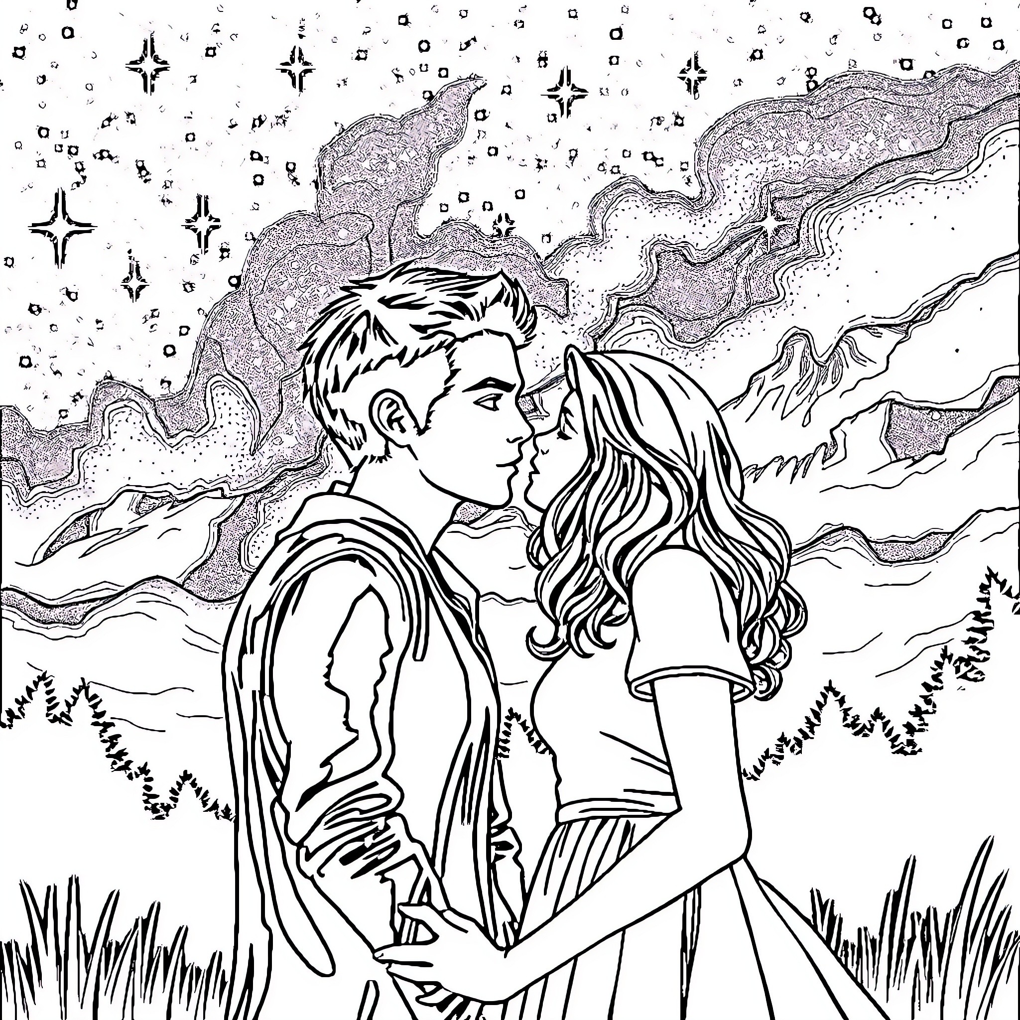 Twilight Embrace under the Starry Night Coloring Page (free black-and-white line drawing printable PDF for all, from beginners to advanced learners, including children, teens, adults, and seniors)
