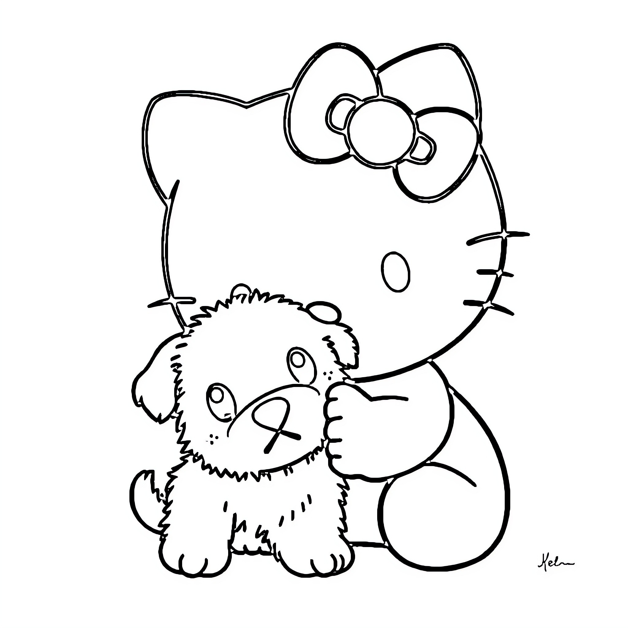 Hello Kitty playing with a fluffy puppy Coloring Page (free black-and-white line drawing printable PDF for all, from beginners to advanced learners, including children, teens, adults, and seniors)
