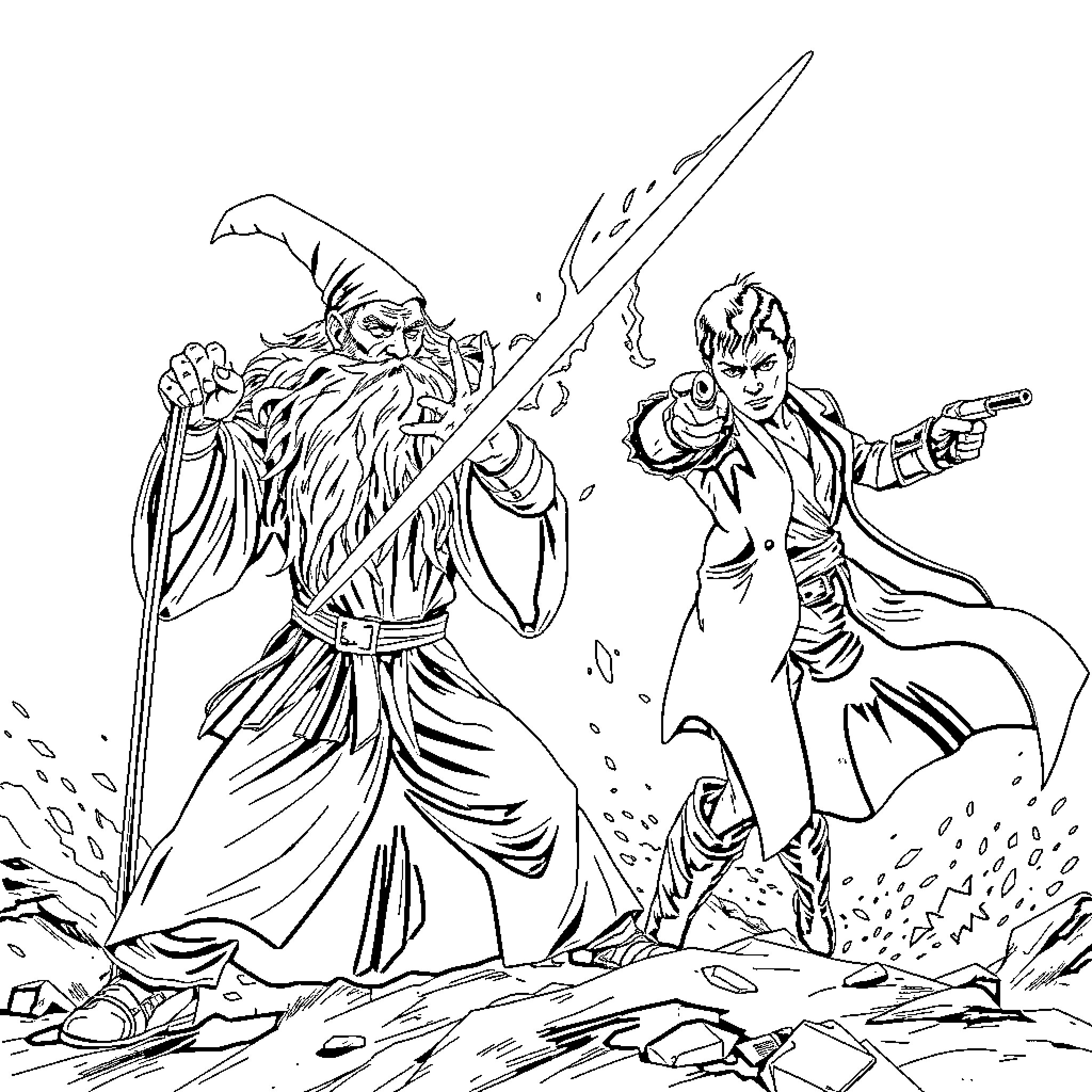 Gandalf and the Mysterious Warrior in Epic Battle Coloring Page (free black-and-white line drawing printable PDF for all, from beginners to advanced learners, including children, teens, adults, and seniors)