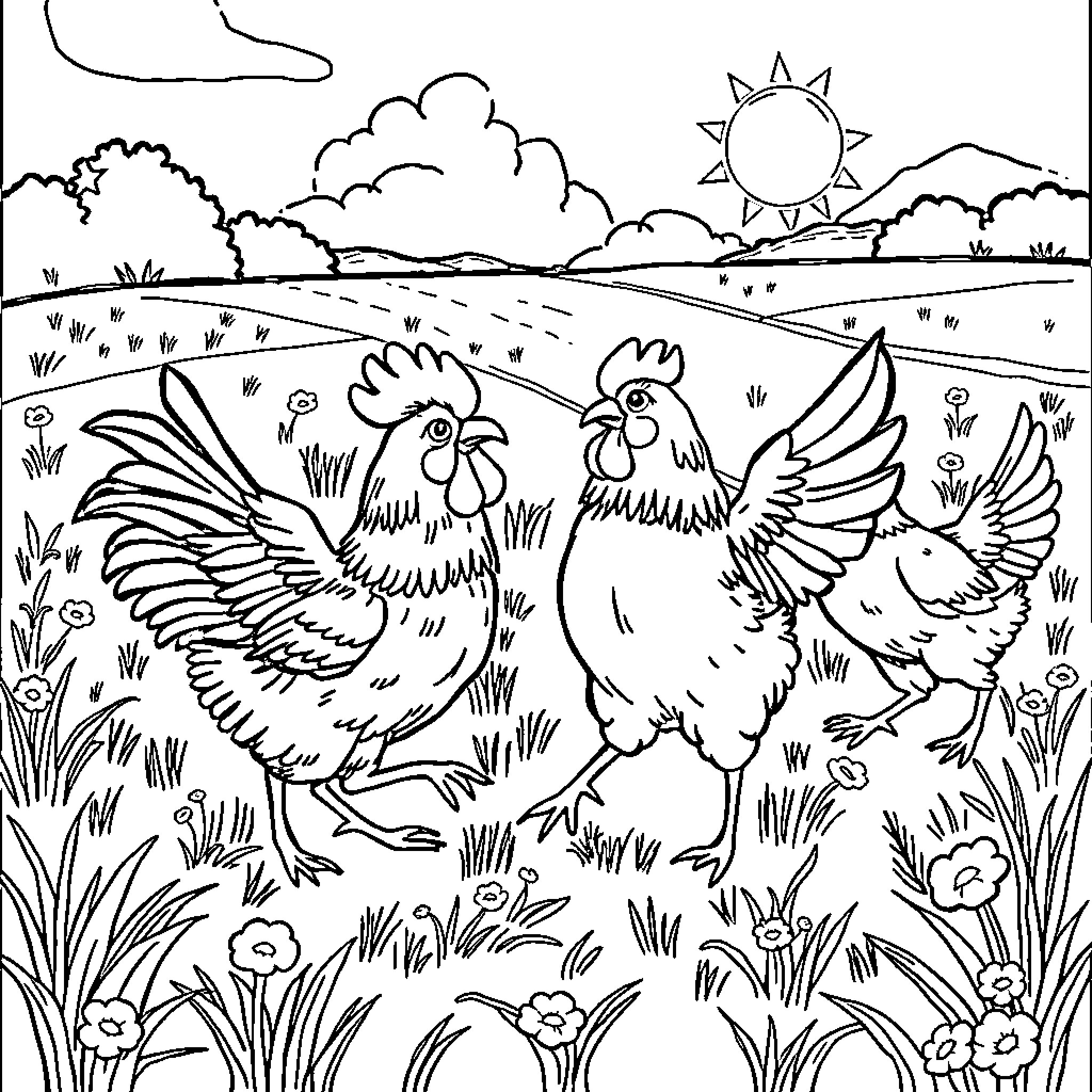 Chicken playing in the countryside landscape Coloring Page (free black-and-white line drawing printable PDF for all, from beginners to advanced learners, including children, teens, adults, and seniors)