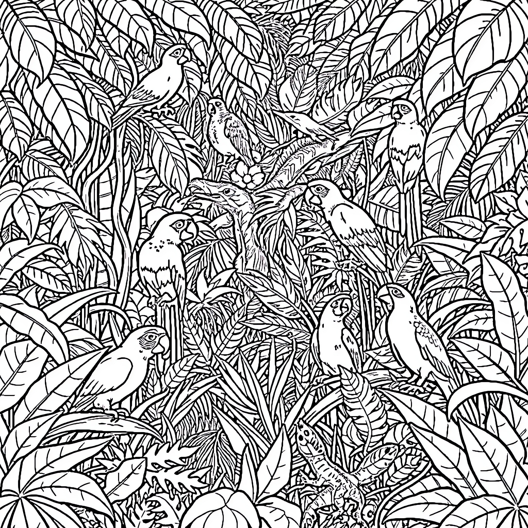 Animal Jungle Scene with Exotic Birds Coloring Page (free black-and-white line drawing printable PDF for all, from beginners to advanced learners, including children, teens, adults, and seniors)