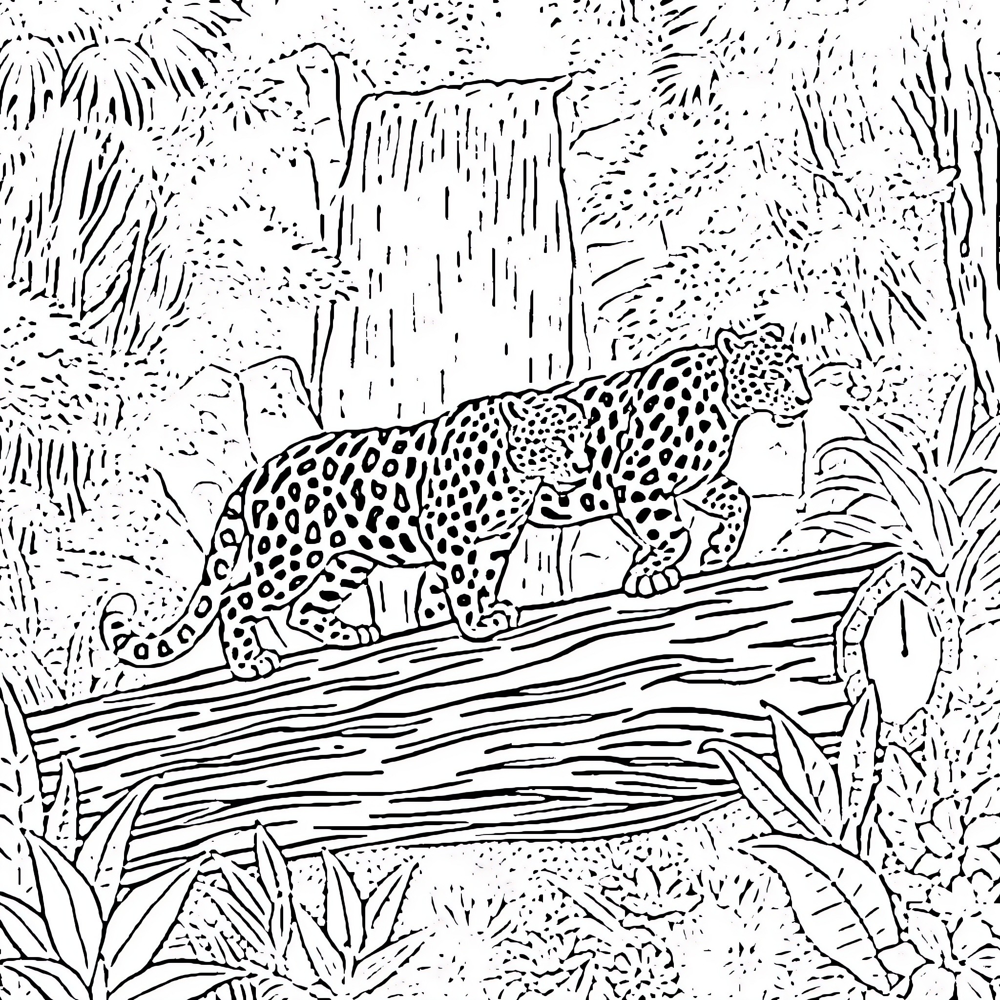 Jaguar prowling through lush jungle landscape Coloring Page (free black-and-white line drawing printable PDF for all, from beginners to advanced learners, including children, teens, adults, and seniors)