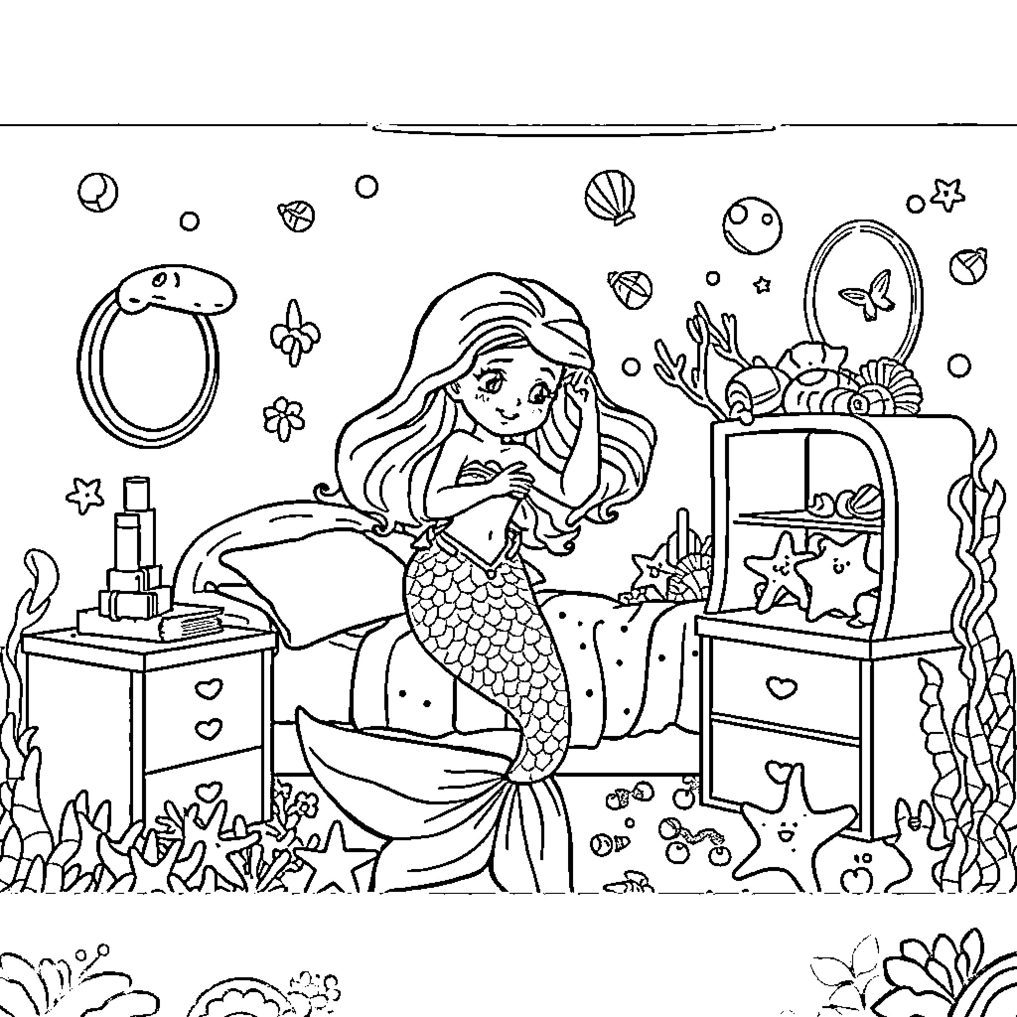 Mermaid styling her hair in her underwater room Coloring Page (free black-and-white line drawing printable PDF for all, from beginners to advanced learners, including children, teens, adults, and seniors)