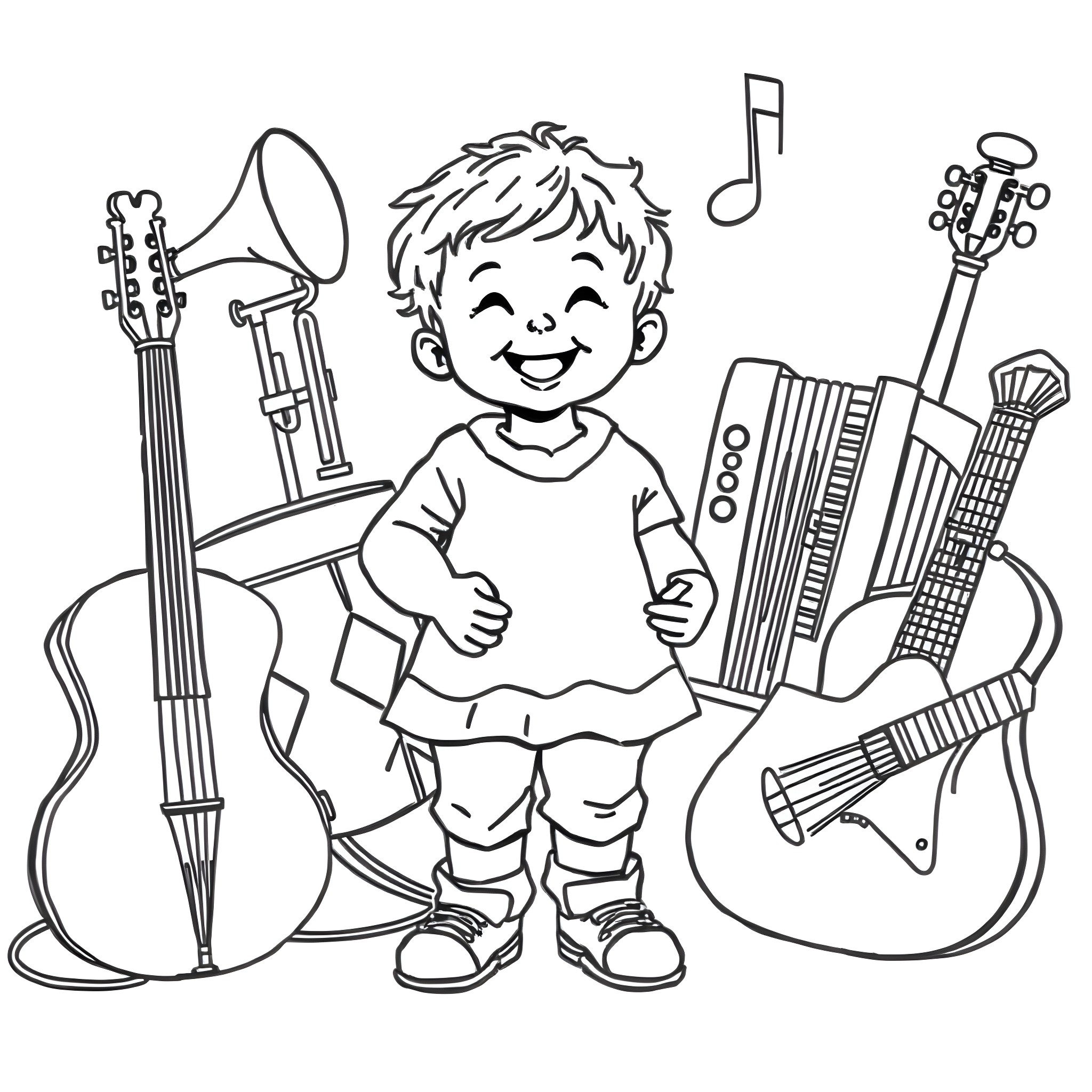 Kid playing with musical instruments happily Coloring Page (free black-and-white line drawing printable PDF for all, from beginners to advanced learners, including children, teens, adults, and seniors)