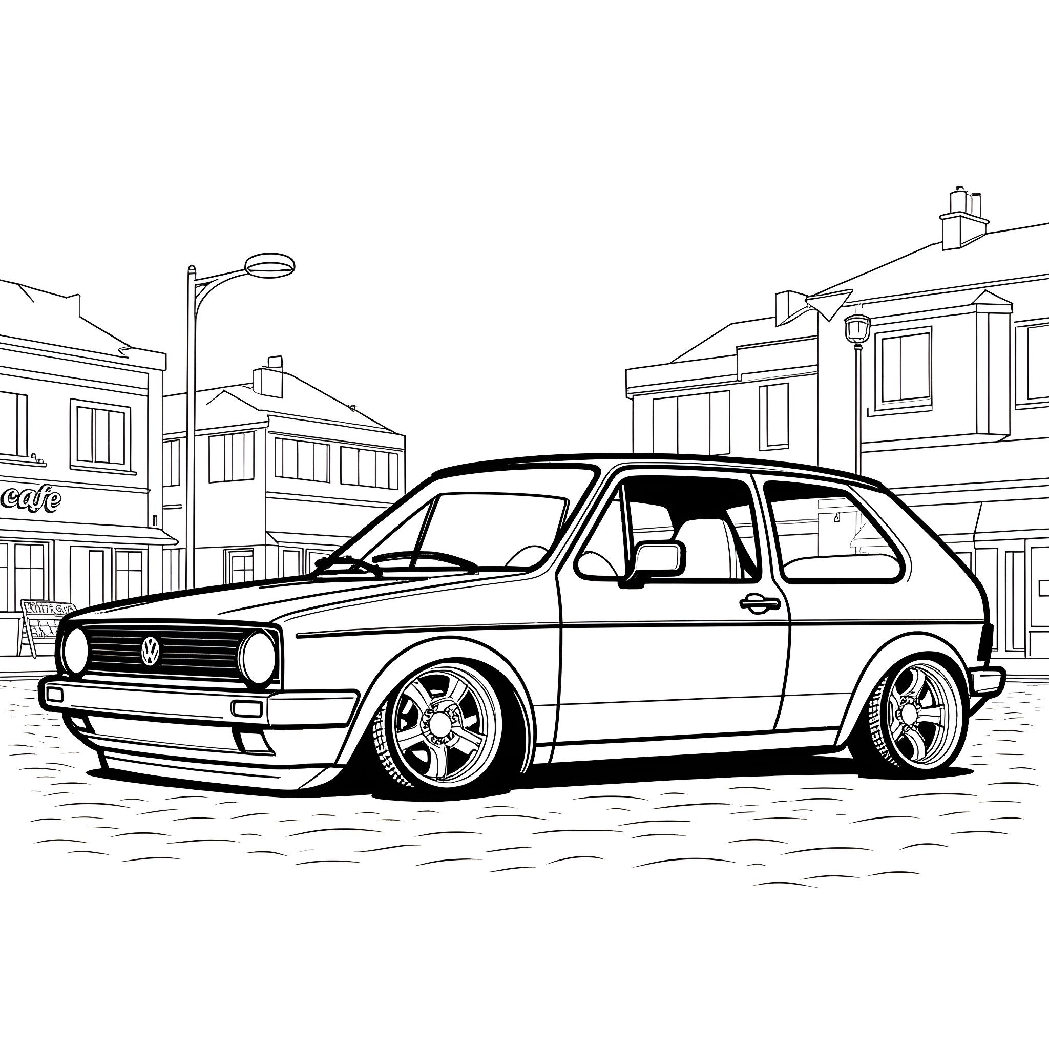 VW Golf modified hatchback in urban setting Coloring Page (free black-and-white line drawing printable PDF for all, from beginners to advanced learners, including children, teens, adults, and seniors)
