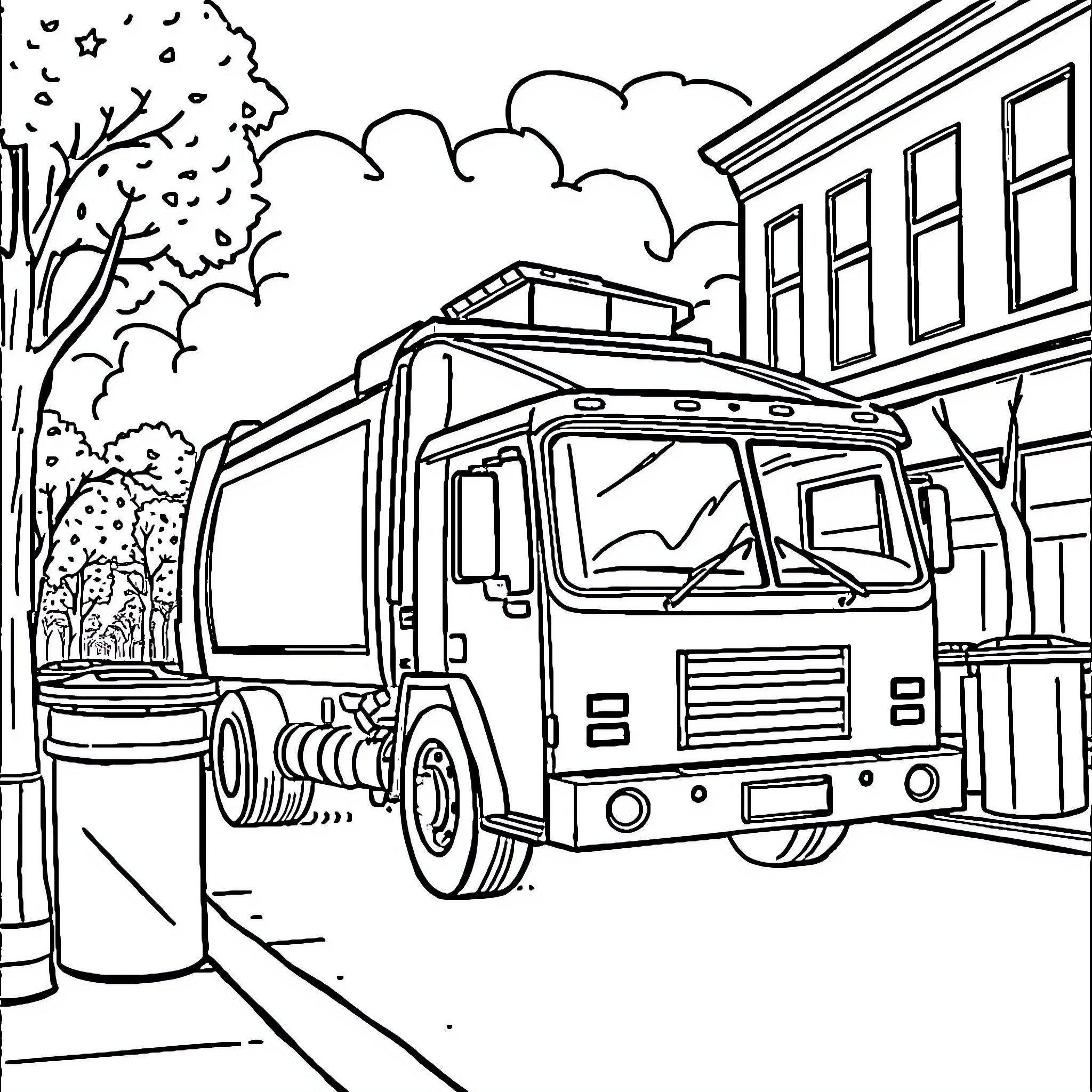 Garbage Truck Collecting Waste in the City Coloring Page (free black-and-white line drawing printable PDF for all, from beginners to advanced learners, including children, teens, adults, and seniors)