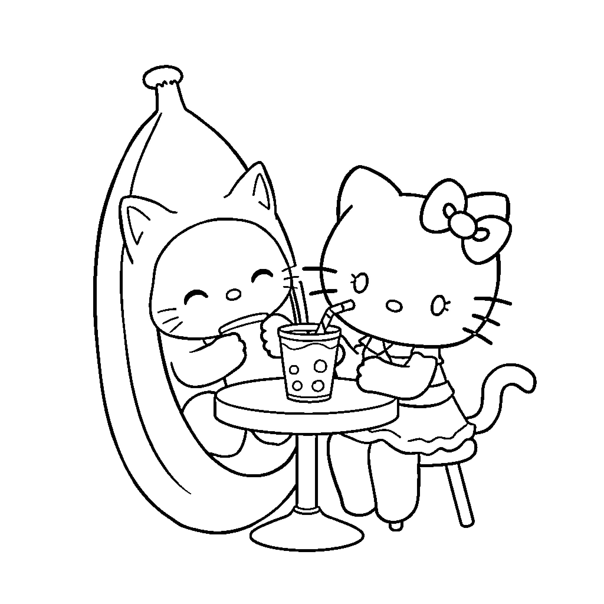 Bananya friends enjoying a refreshing drink together Coloring Page (free black-and-white line drawing printable PDF for all, from beginners to advanced learners, including children, teens, adults, and seniors)