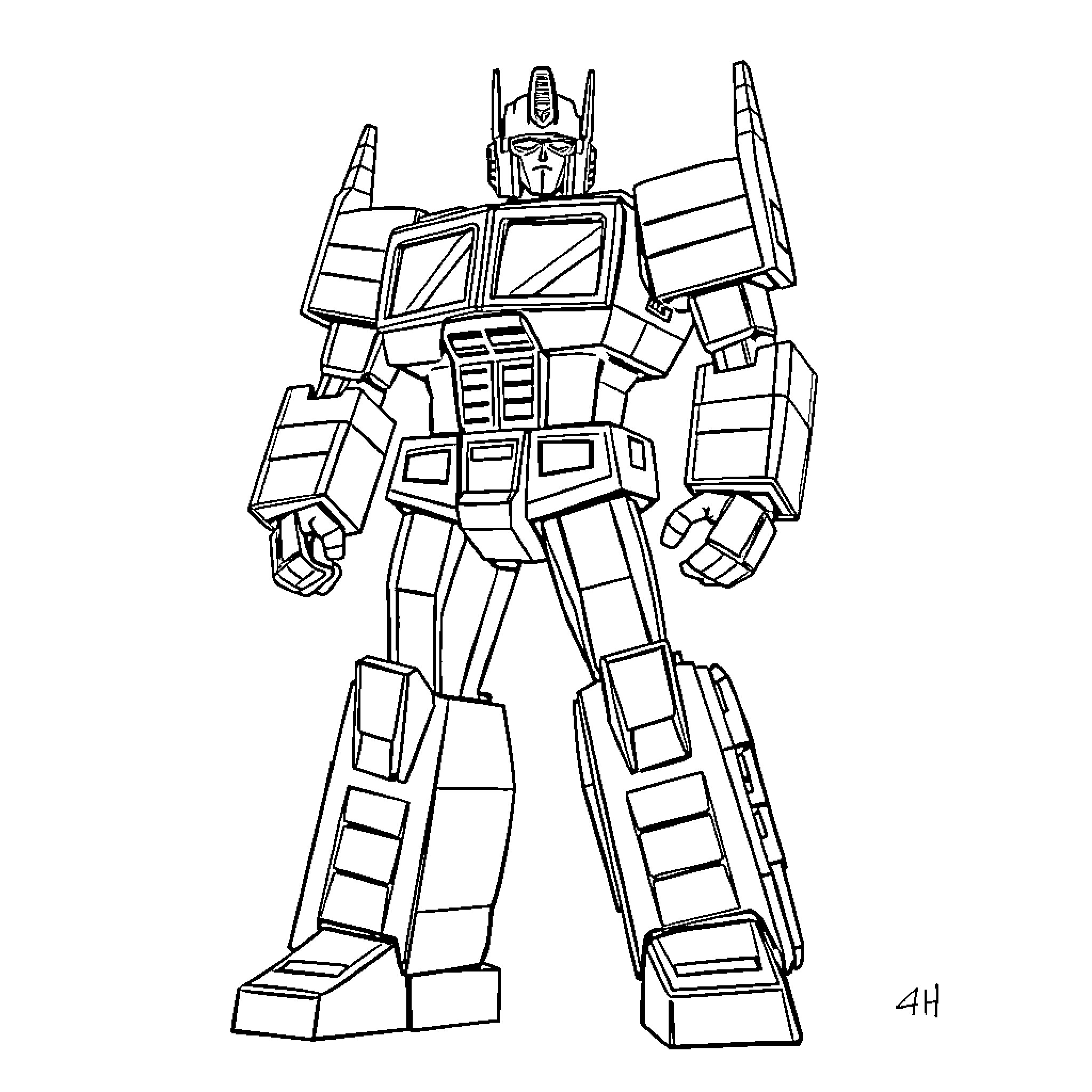 Optimus Prime in heroic robot stance Coloring Page (free black-and-white line drawing printable PDF for all, from beginners to advanced learners, including children, teens, adults, and seniors)