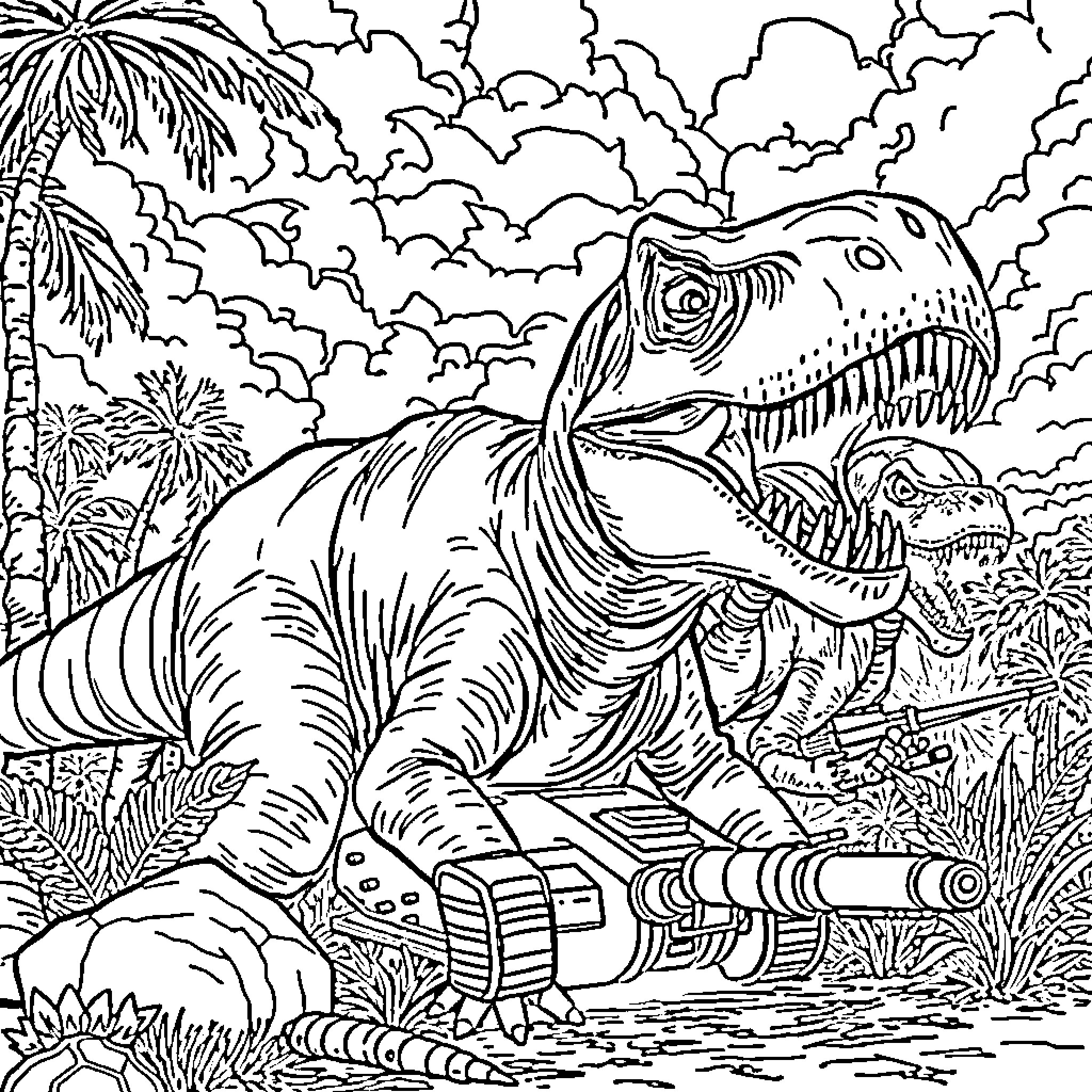 Dinosaur in a prehistoric jungle scene Coloring Page (free black-and-white line drawing printable PDF for all, from beginners to advanced learners, including children, teens, adults, and seniors)