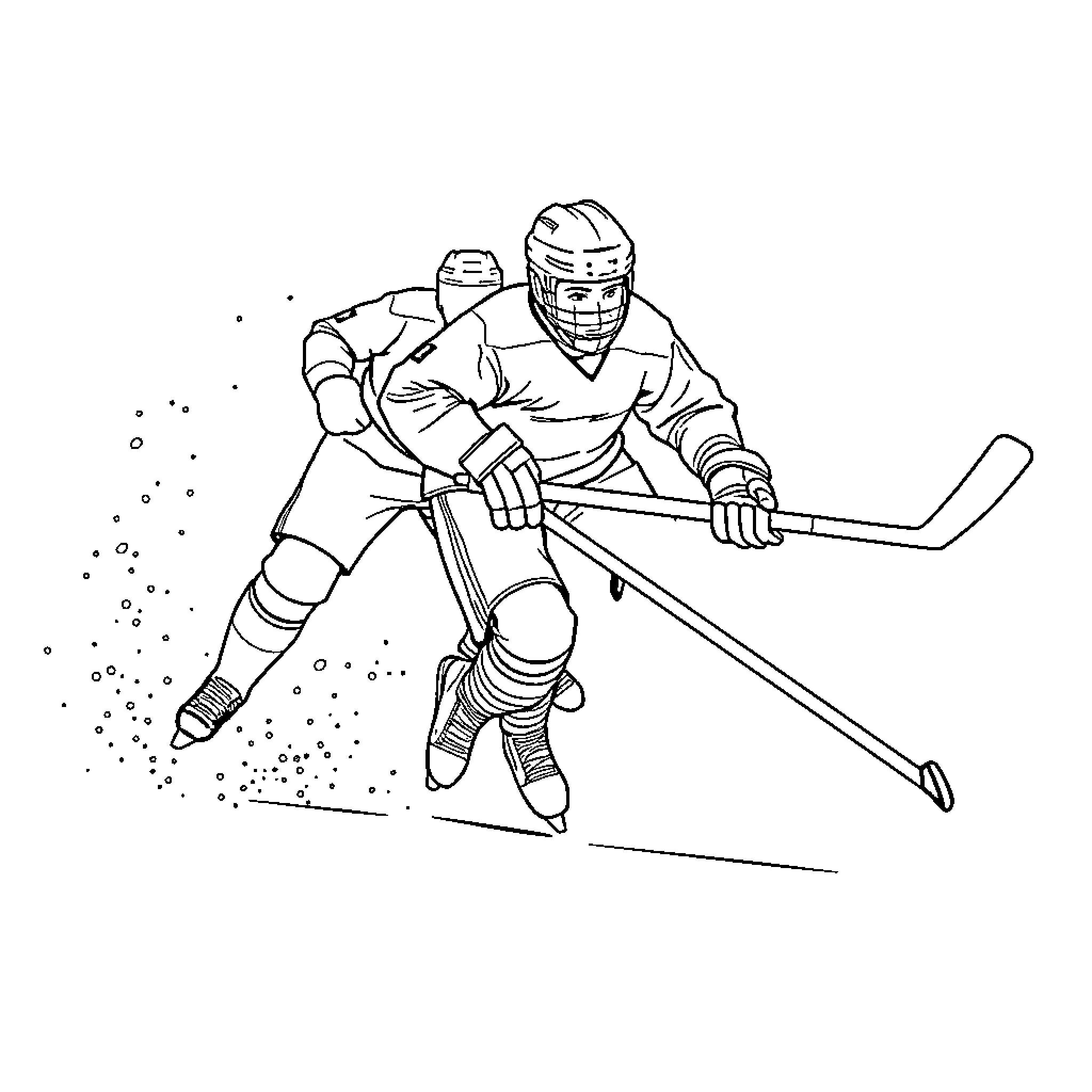 Hockey Player Skating with Puck on Ice Coloring Page (free black-and-white line drawing printable PDF for all, from beginners to advanced learners, including children, teens, adults, and seniors)