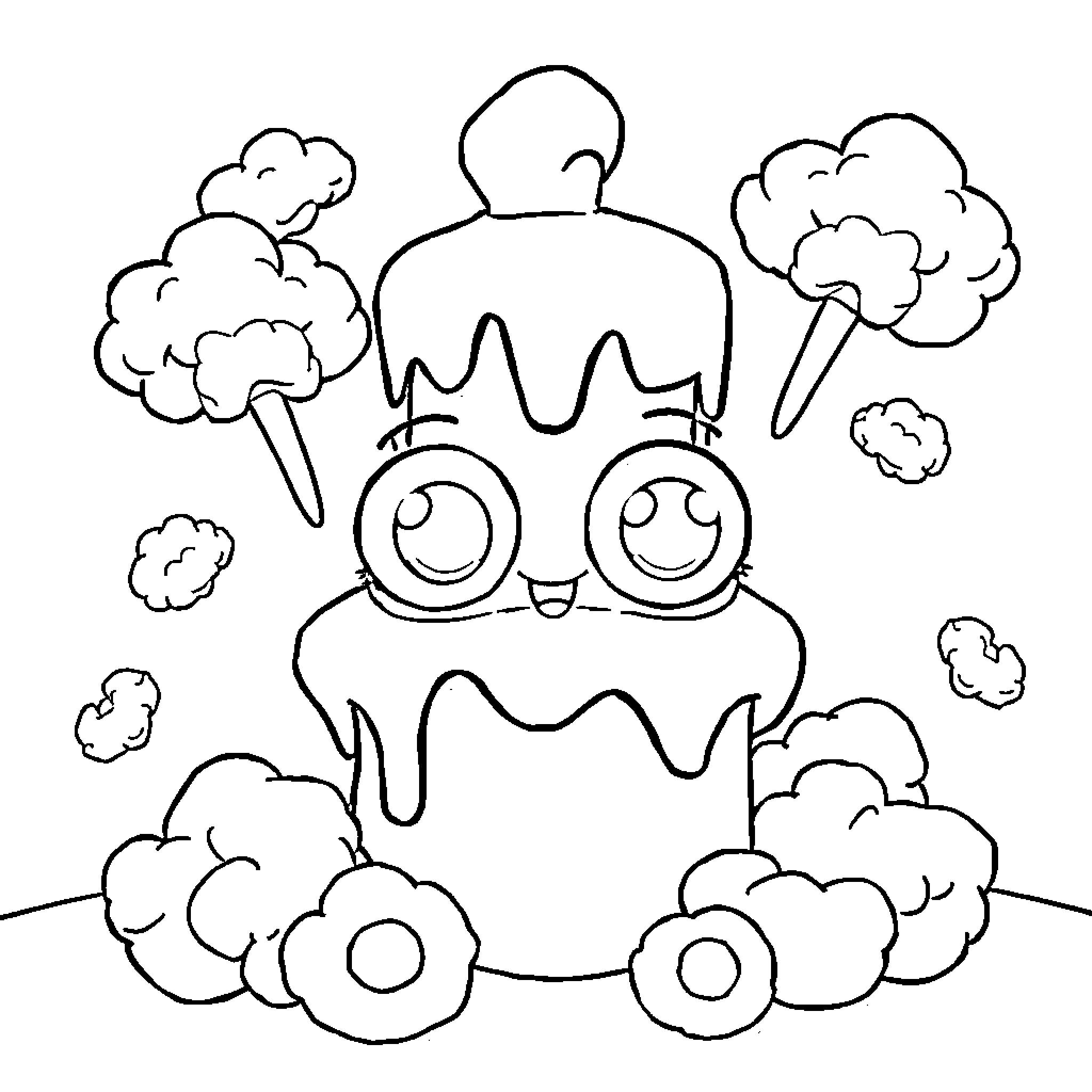Chocolate Fountain Creature in Whimsical Clouds Coloring Page (free black-and-white line drawing printable PDF for all, from beginners to advanced learners, including children, teens, adults, and seniors)