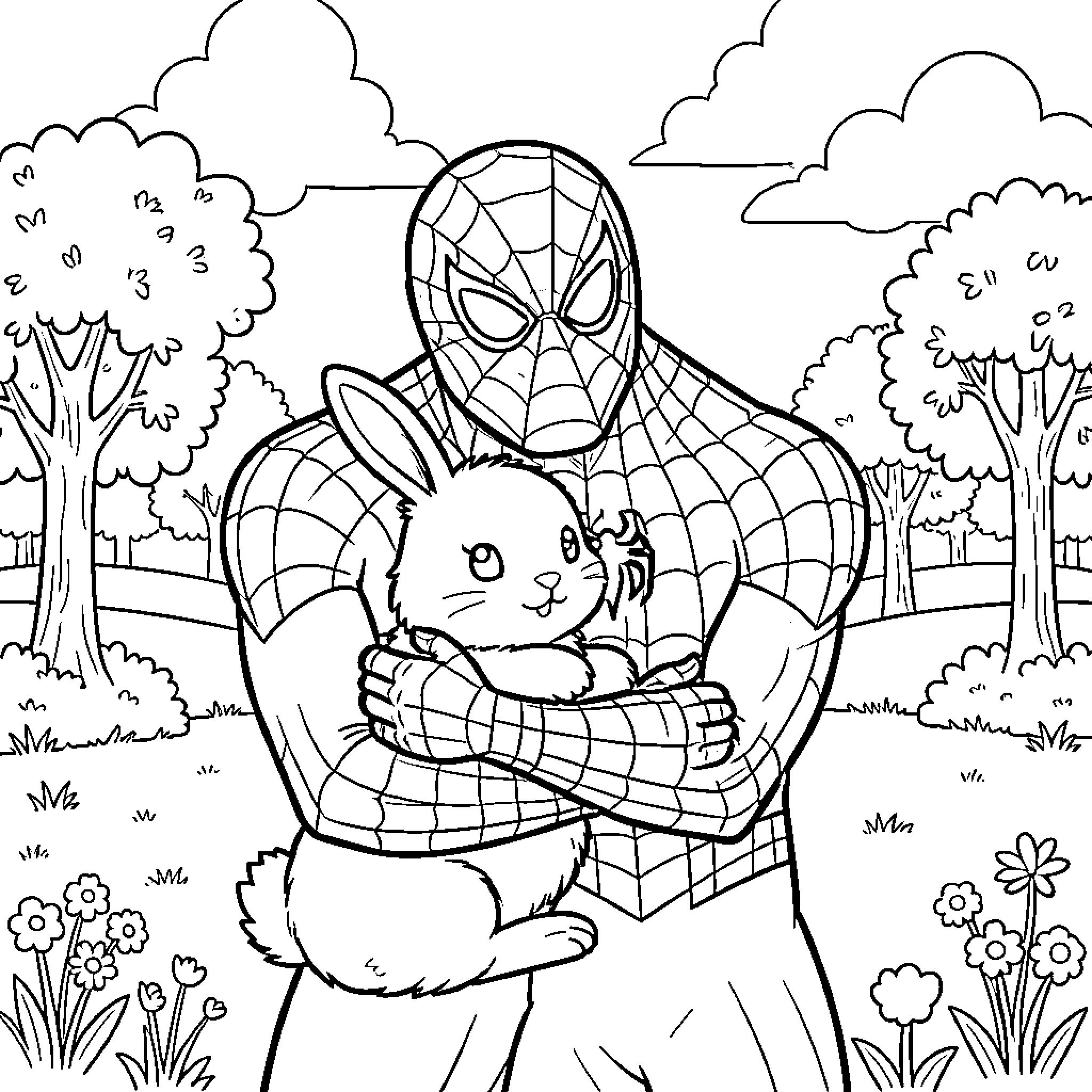 Spider-Man embracing a friendly rabbit in the park Coloring Page (free black-and-white line drawing printable PDF for all, from beginners to advanced learners, including children, teens, adults, and seniors)