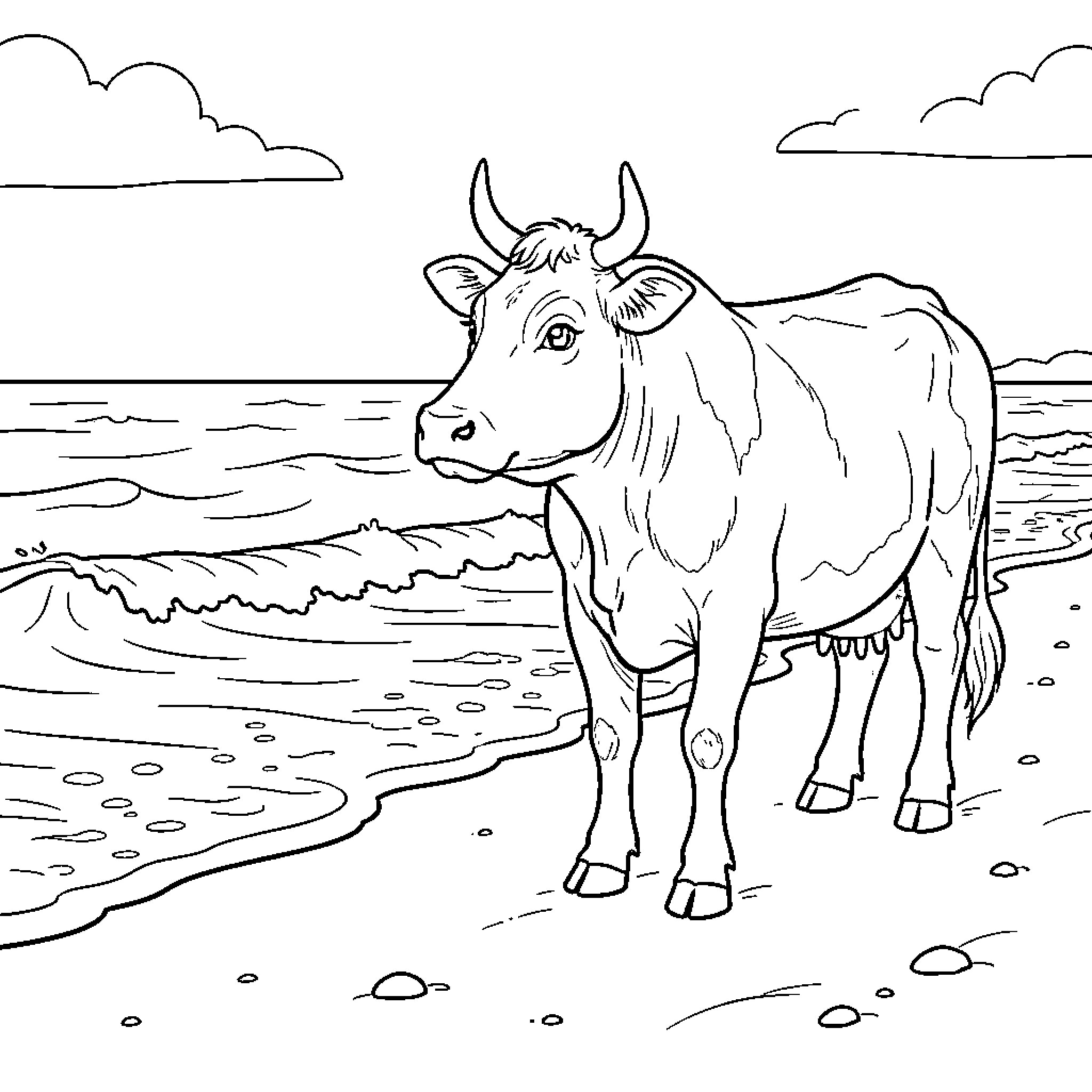 Cow standing on the beach Coloring Page (free black-and-white line drawing printable PDF for all, from beginners to advanced learners, including children, teens, adults, and seniors)