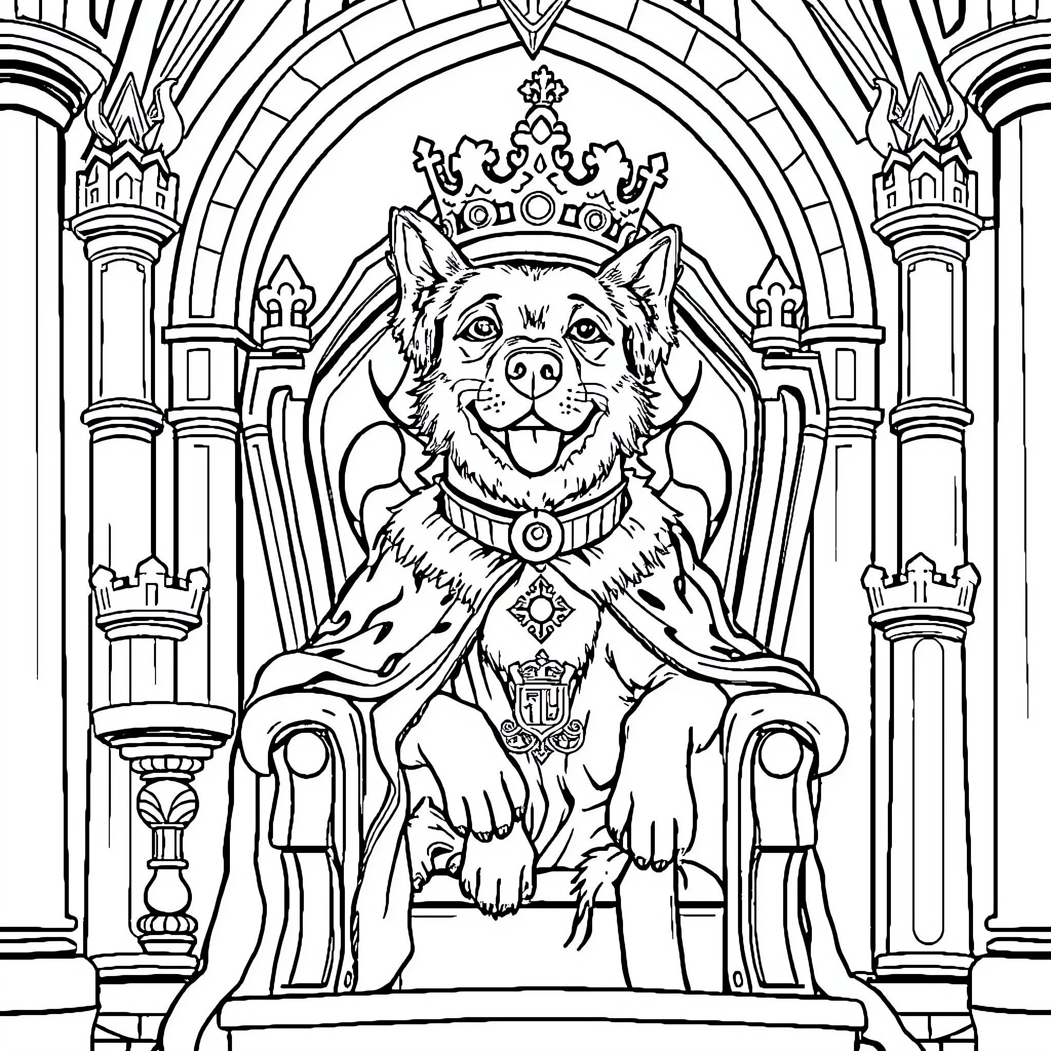 Dog in regal attire on ornate throne Coloring Page (free black-and-white line drawing printable PDF for all, from beginners to advanced learners, including children, teens, adults, and seniors)