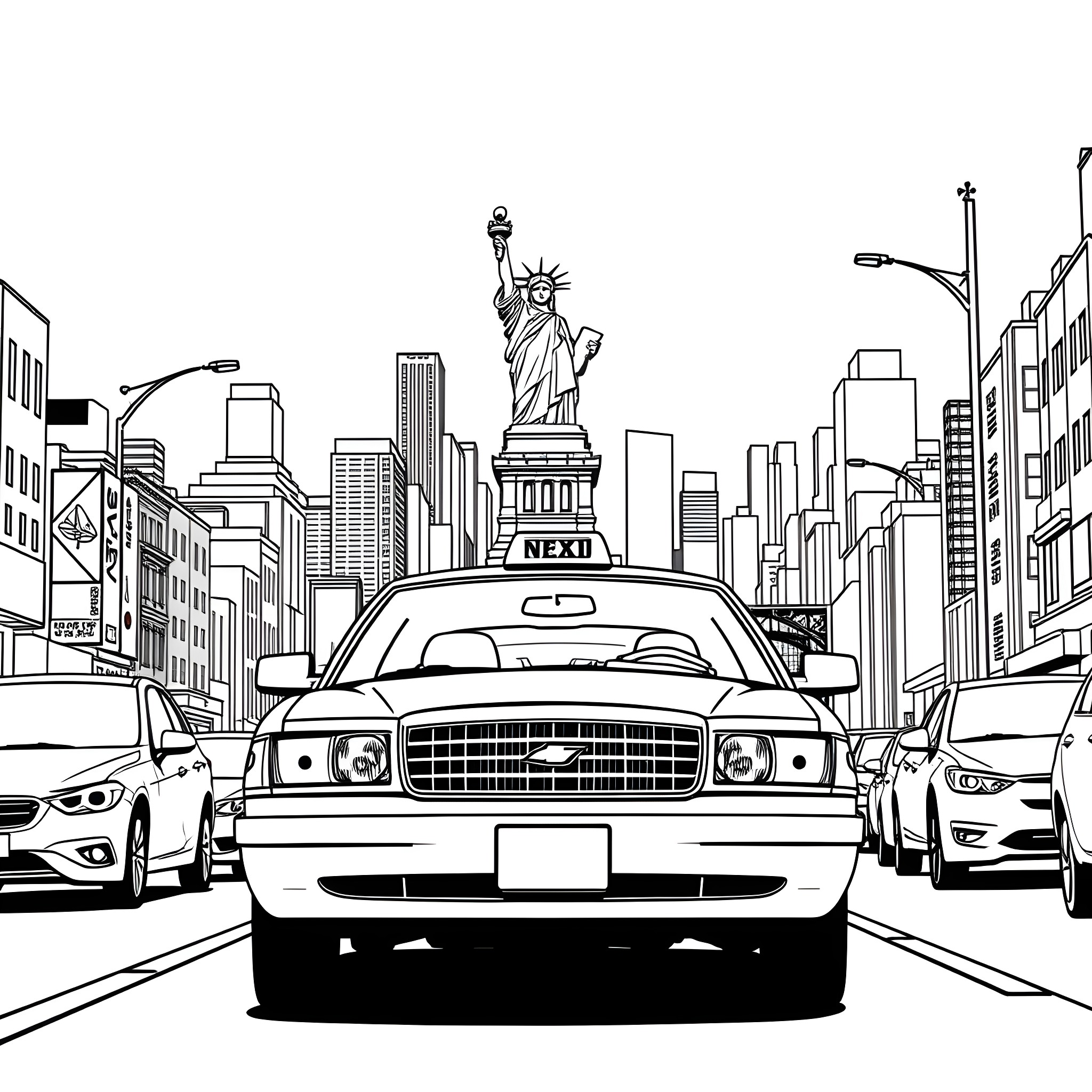 Taxi driving through busy city streets with landmarks Coloring Page (free black-and-white line drawing printable PDF for all, from beginners to advanced learners, including children, teens, adults, and seniors)