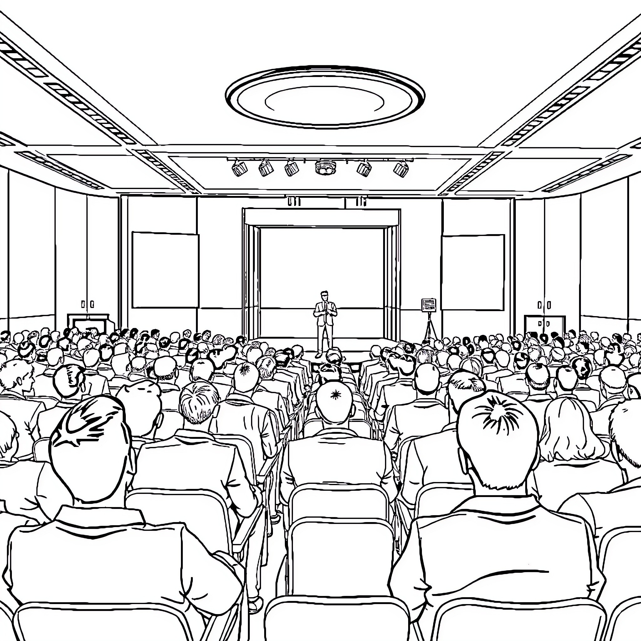 Person speaking to large audience in auditorium Coloring Page (free black-and-white line drawing printable PDF for all, from beginners to advanced learners, including children, teens, adults, and seniors)