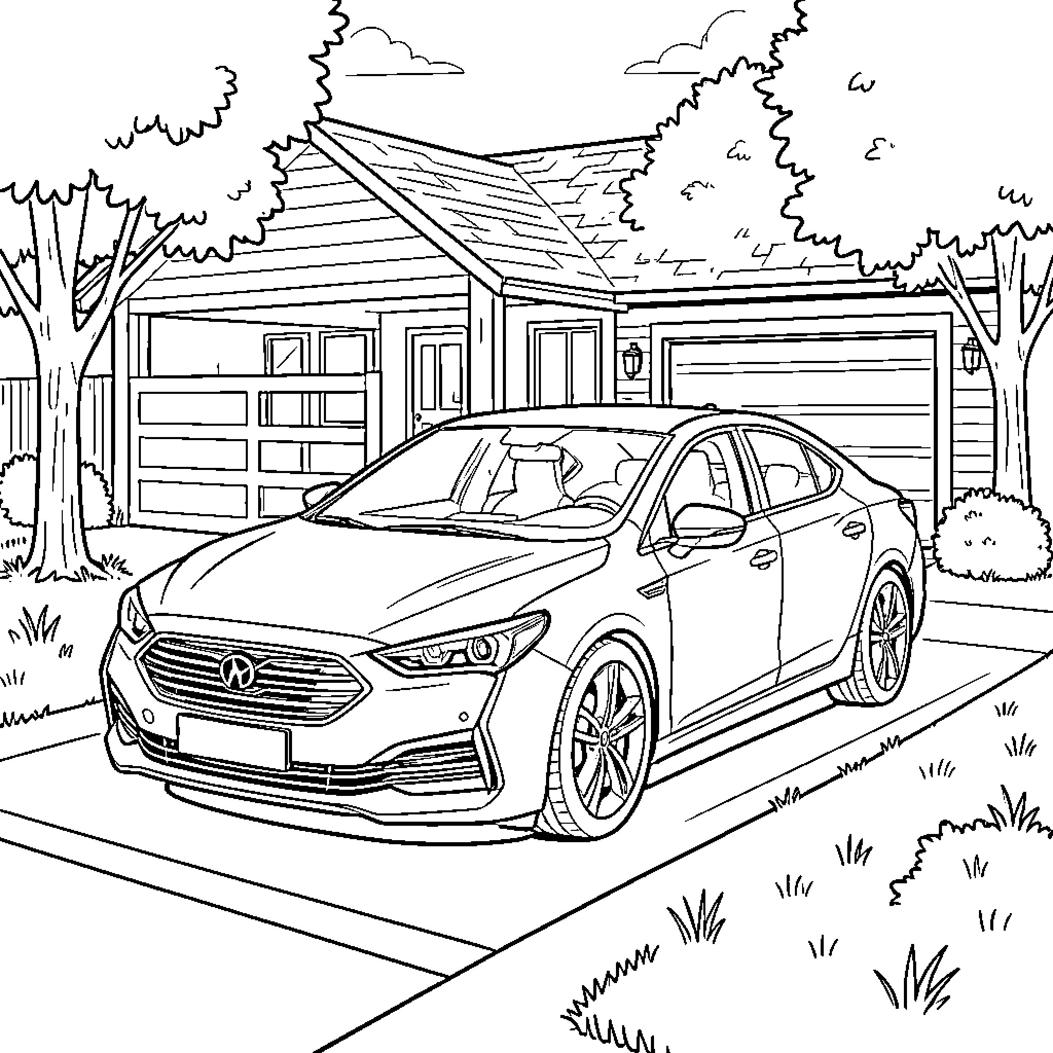 Car parked in a driveway in front of a house Coloring Page (free black-and-white line drawing printable PDF for all, from beginners to advanced learners, including children, teens, adults, and seniors)
