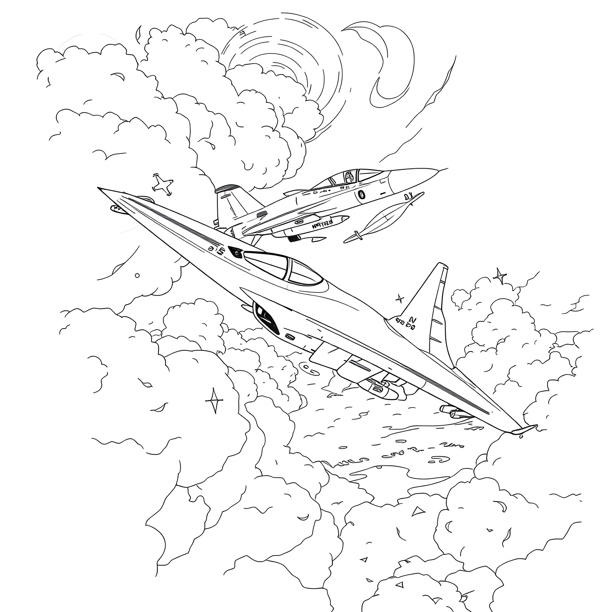 Fighter Jet soaring through cloudy skies Coloring Page (free black-and-white line drawing printable PDF for all, from beginners to advanced learners, including children, teens, adults, and seniors)