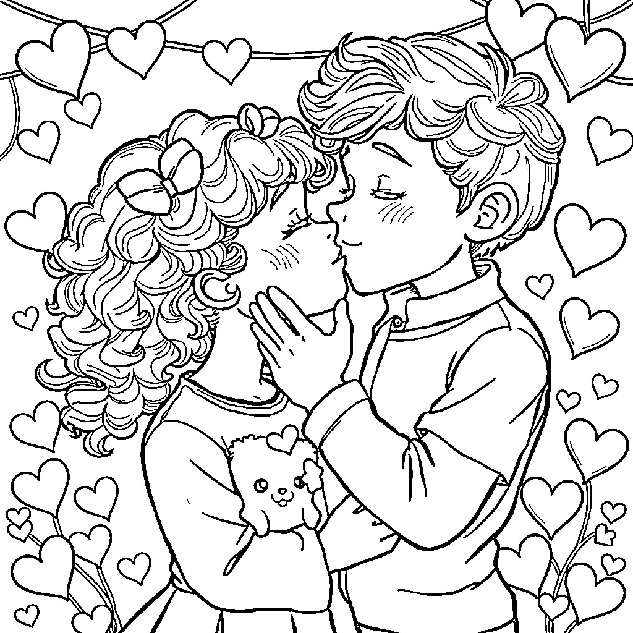 Boy and girl sharing a tender moment Coloring Page (free black-and-white line drawing printable PDF for all, from beginners to advanced learners, including children, teens, adults, and seniors)
