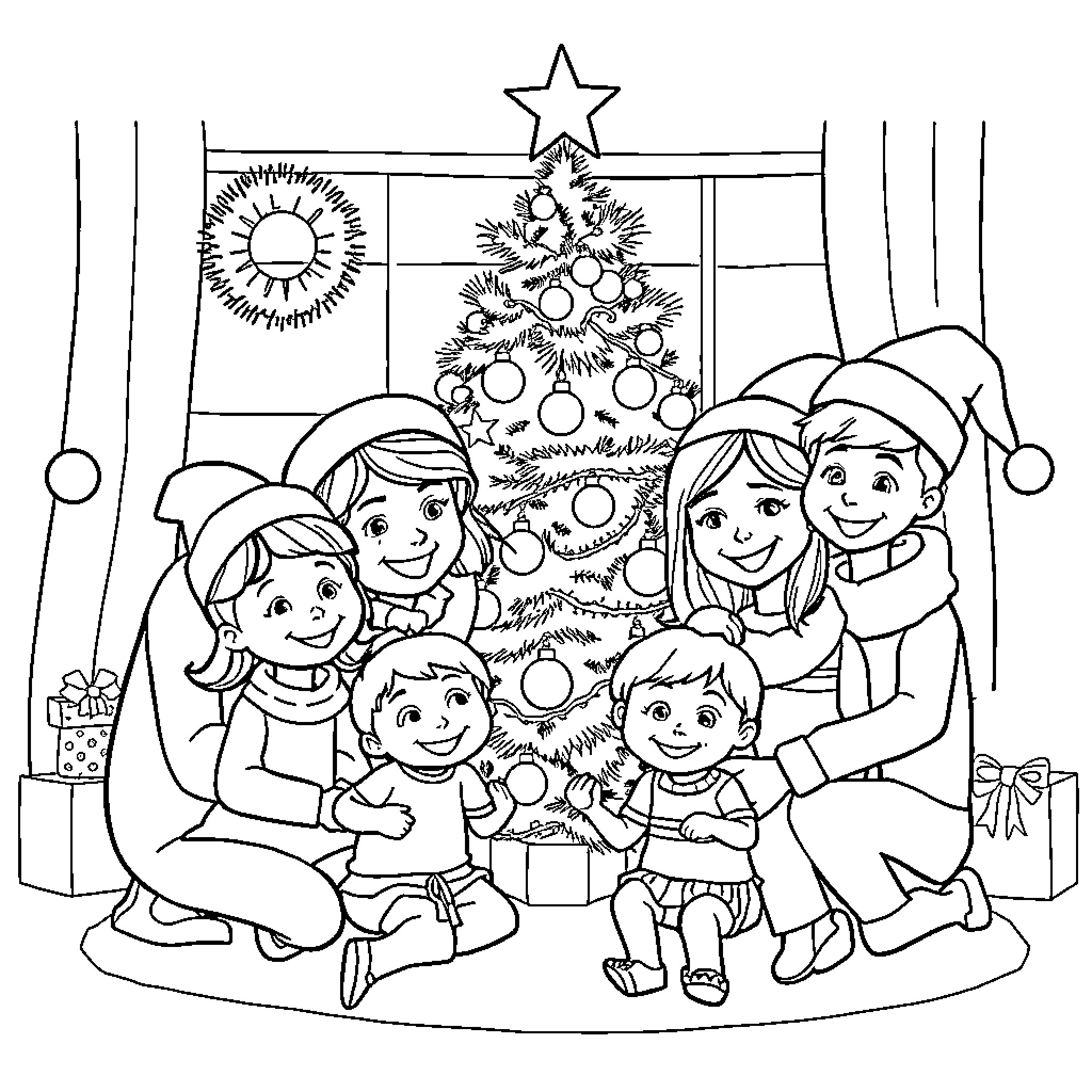 Bluey's Family Celebrating Christmas Together Coloring Page (free black-and-white line drawing printable PDF for all, from beginners to advanced learners, including children, teens, adults, and seniors)