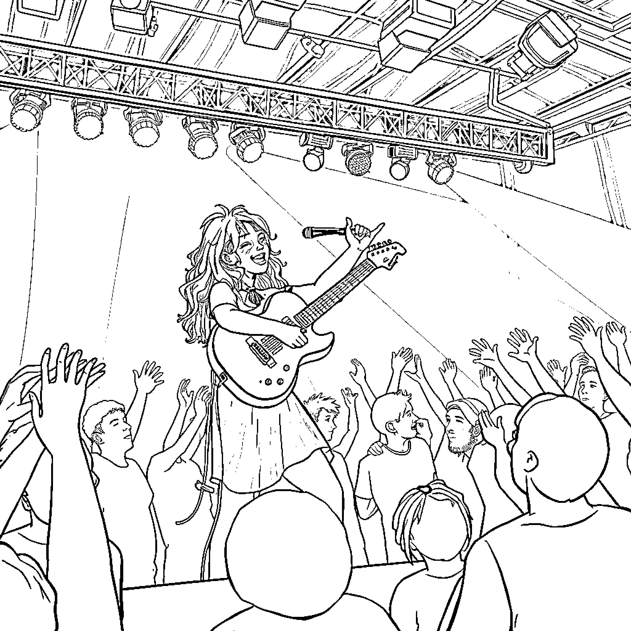 Käärijä performing on stage with energetic crowd Coloring Page (free black-and-white line drawing printable PDF for all, from beginners to advanced learners, including children, teens, adults, and seniors)