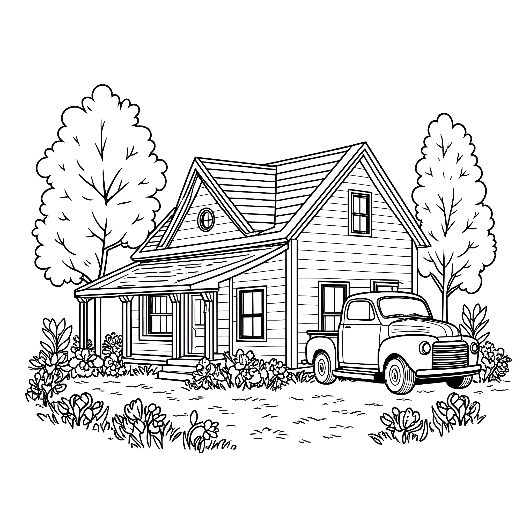 Farmhouse with vintage truck in countryside Coloring Page (free black-and-white line drawing printable PDF for all, from beginners to advanced learners, including children, teens, adults, and seniors)