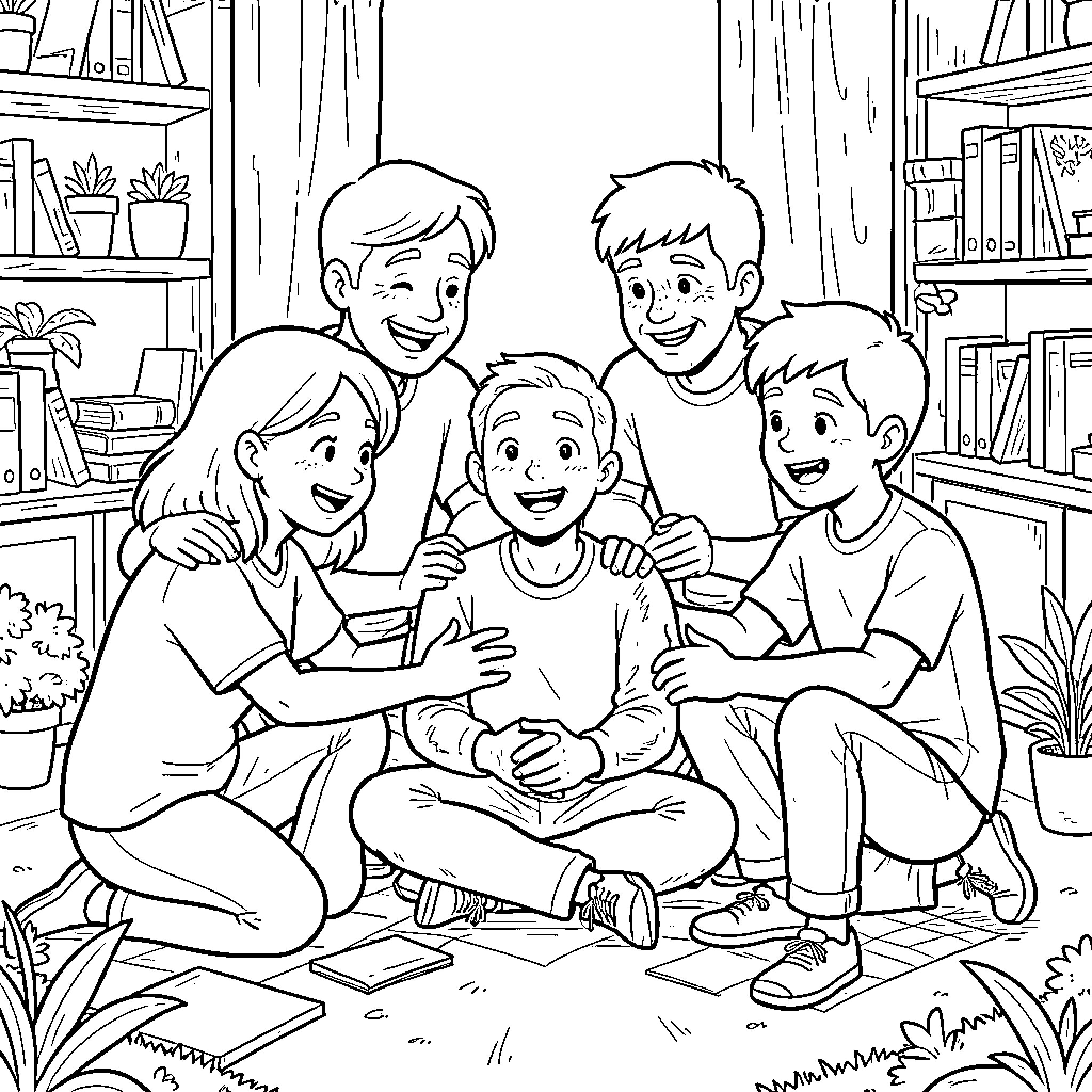 Friends laughing and sitting together on the floor Coloring Page (free black-and-white line drawing printable PDF for all, from beginners to advanced learners, including children, teens, adults, and seniors)