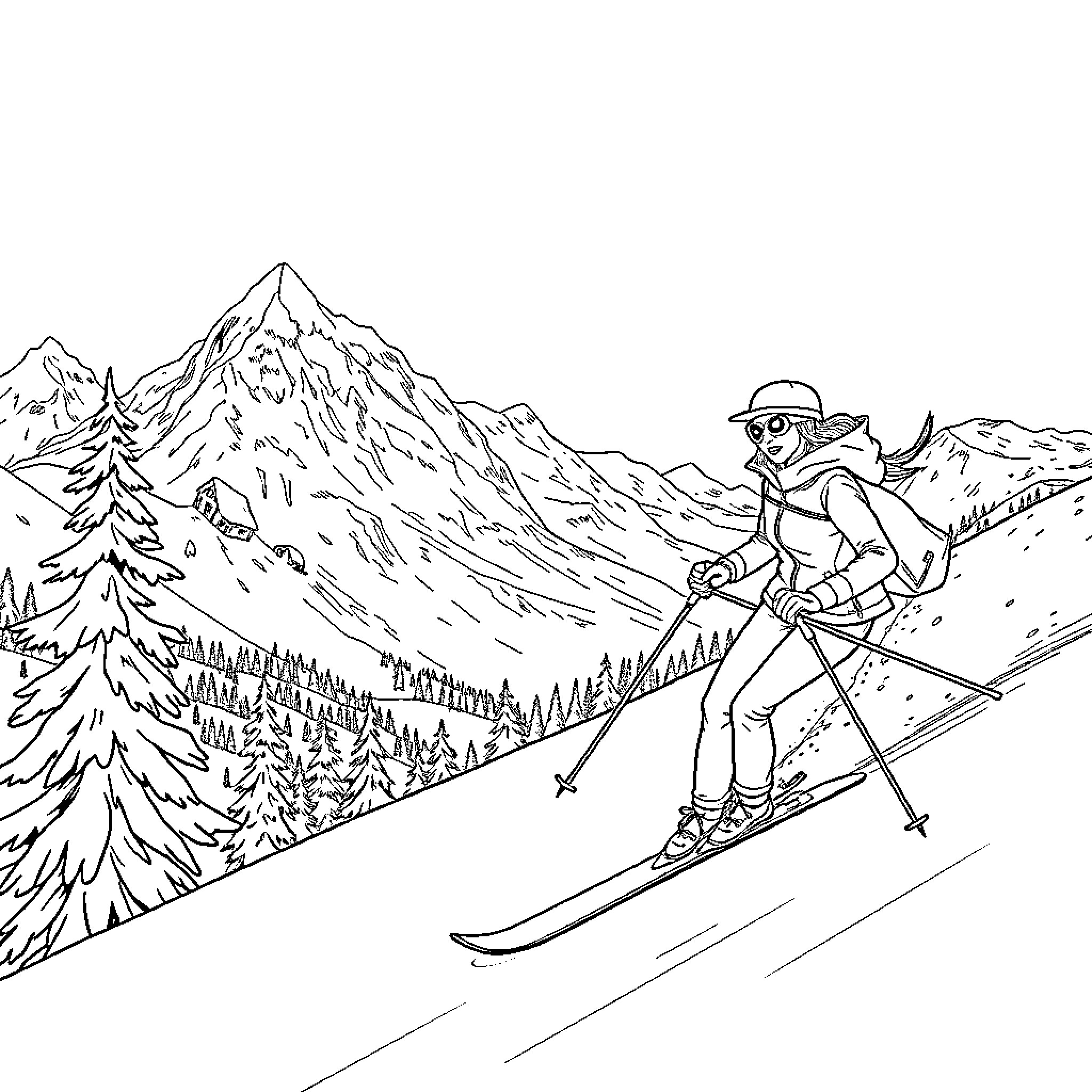 Woman skiing down a snowy mountain slope Coloring Page (free black-and-white line drawing printable PDF for all, from beginners to advanced learners, including children, teens, adults, and seniors)
