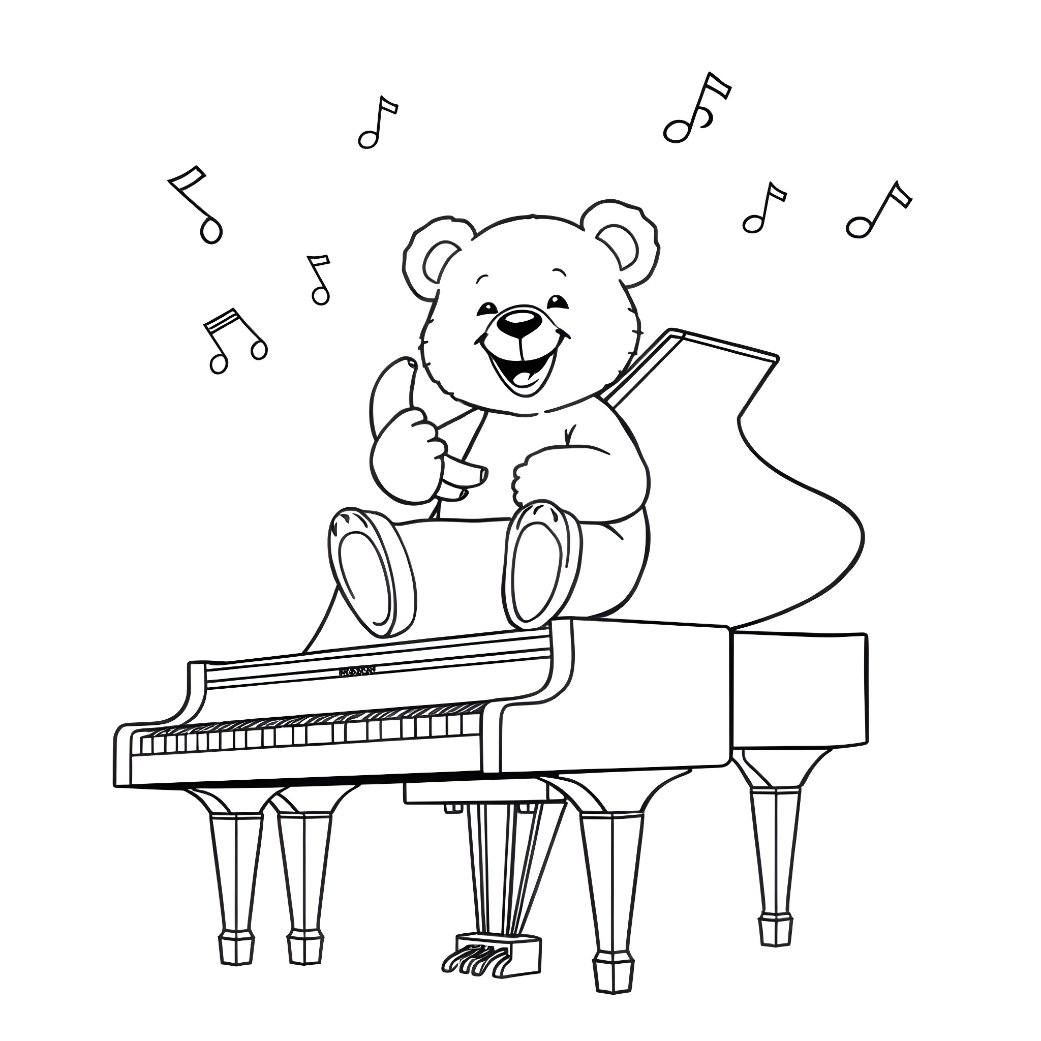 Teddy bear playing joyfully on a grand piano Coloring Page (free black-and-white line drawing printable PDF for all, from beginners to advanced learners, including children, teens, adults, and seniors)
