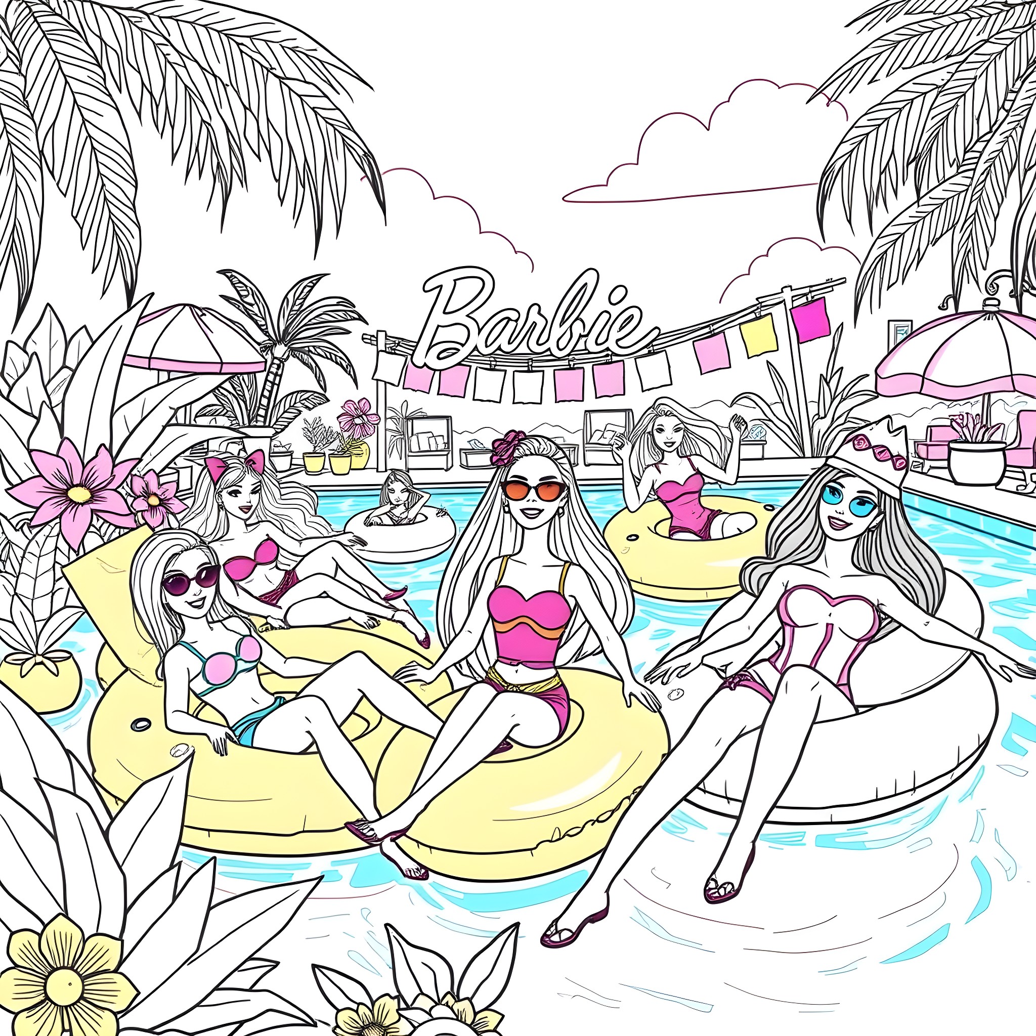 Barbie friends enjoying a fun pool party Coloring Page (free black-and-white line drawing printable PDF for all, from beginners to advanced learners, including children, teens, adults, and seniors)