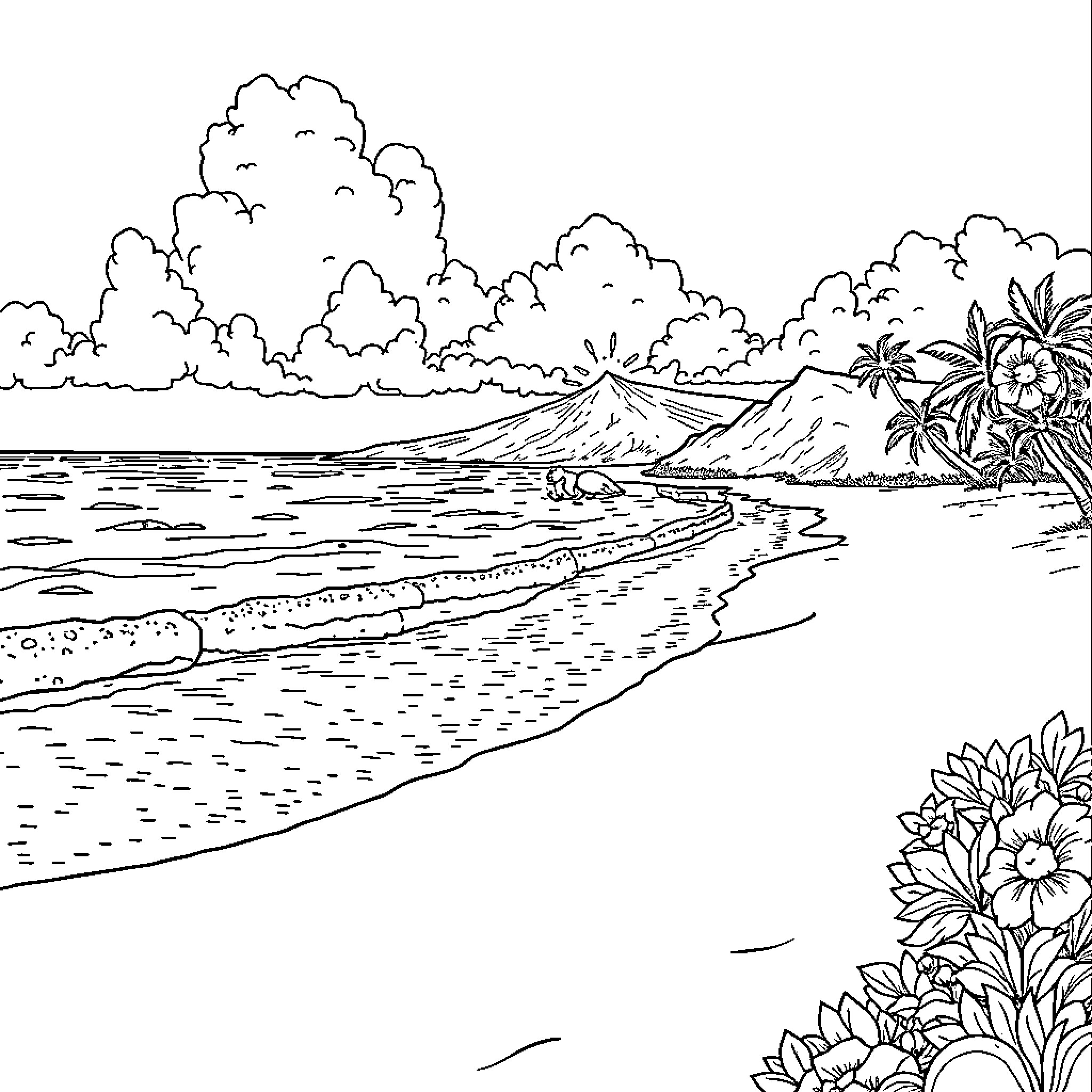 Beach landscape with dramatic clouds and flora Coloring Page (free black-and-white line drawing printable PDF for all, from beginners to advanced learners, including children, teens, adults, and seniors)