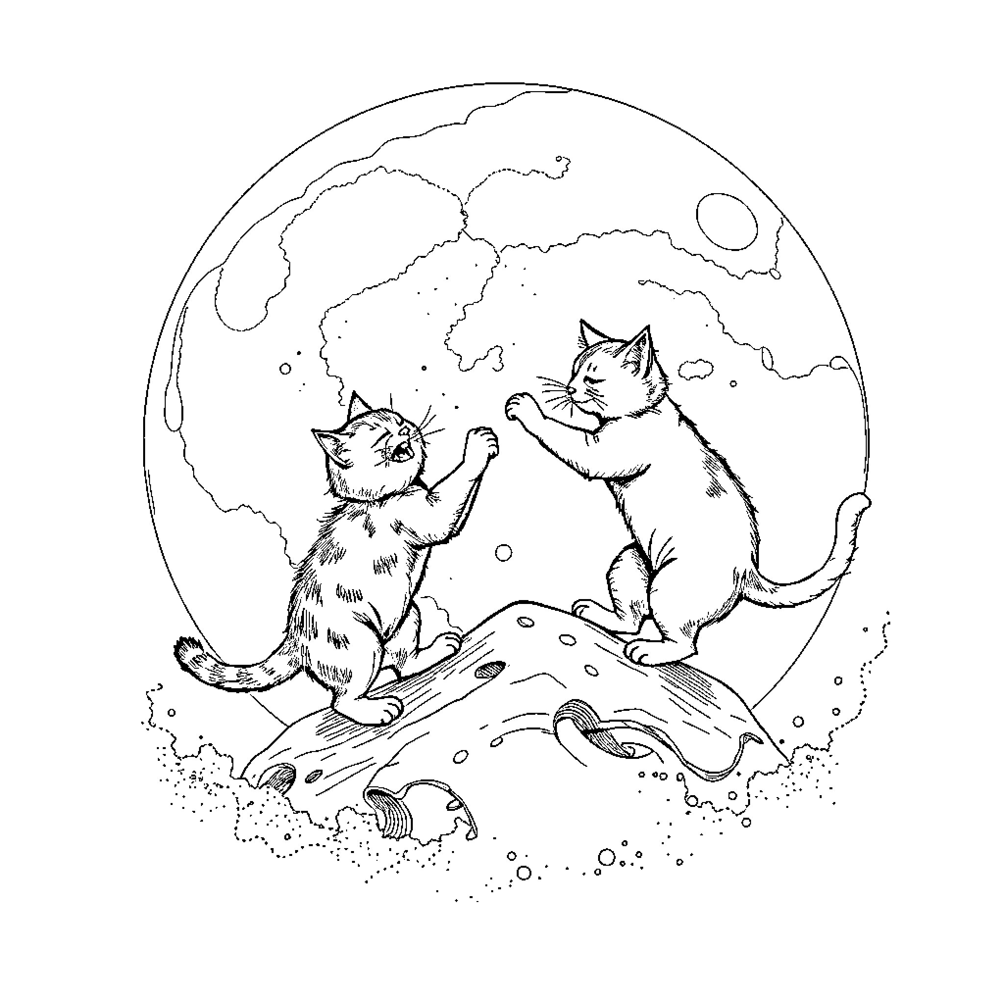 Cat admiring the moon on a starry night Coloring Page (free black-and-white line drawing printable PDF for all, from beginners to advanced learners, including children, teens, adults, and seniors)