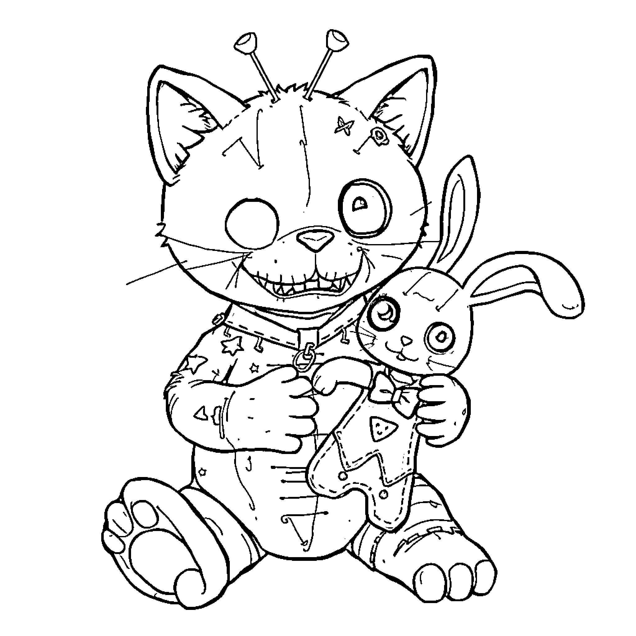 Zombie Cat and Rabbit Plush Dolls Coloring Page (free black-and-white line drawing printable PDF for all, from beginners to advanced learners, including children, teens, adults, and seniors)