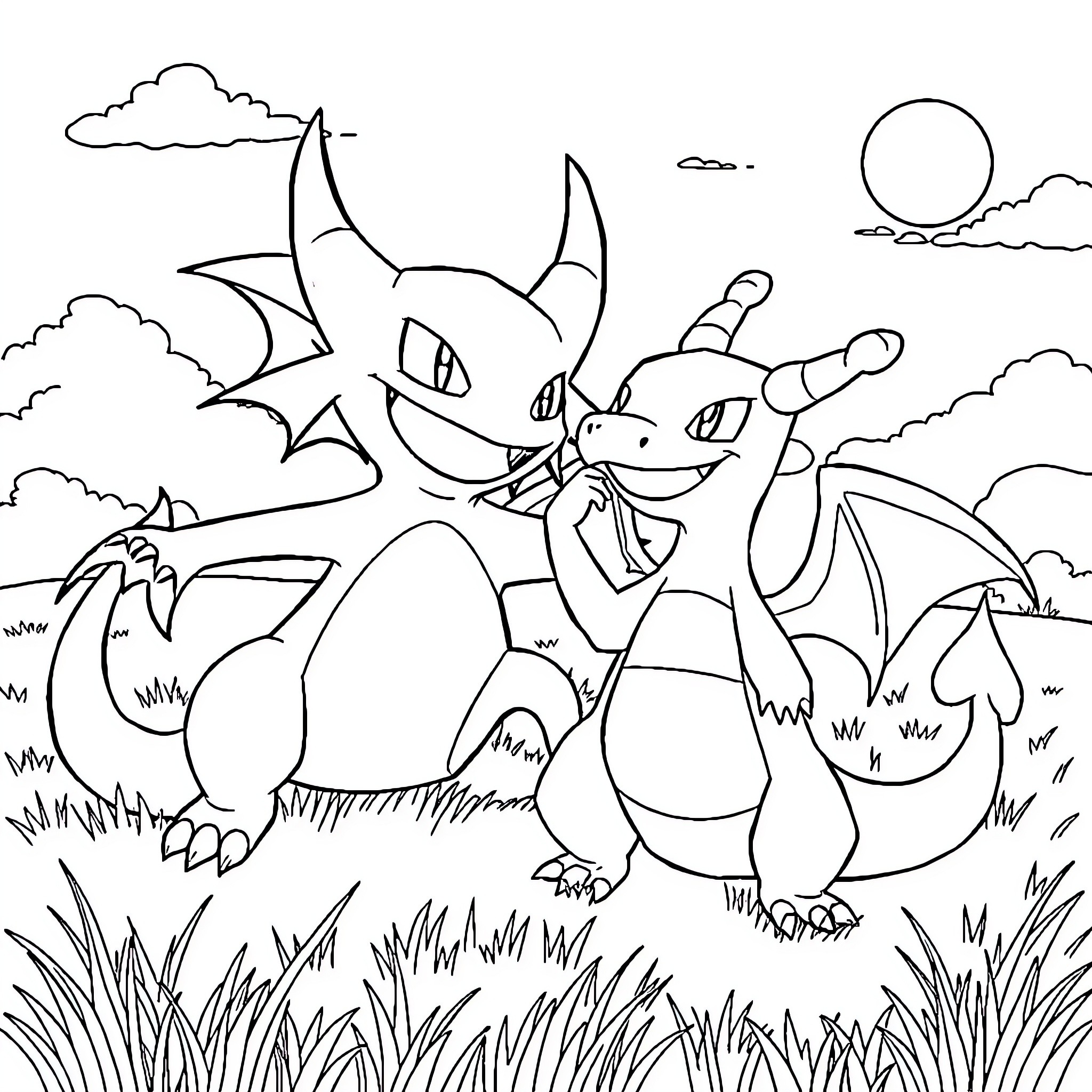 Gengar playfully exploring a landscape Coloring Page (free black-and-white line drawing printable PDF for all, from beginners to advanced learners, including children, teens, adults, and seniors)