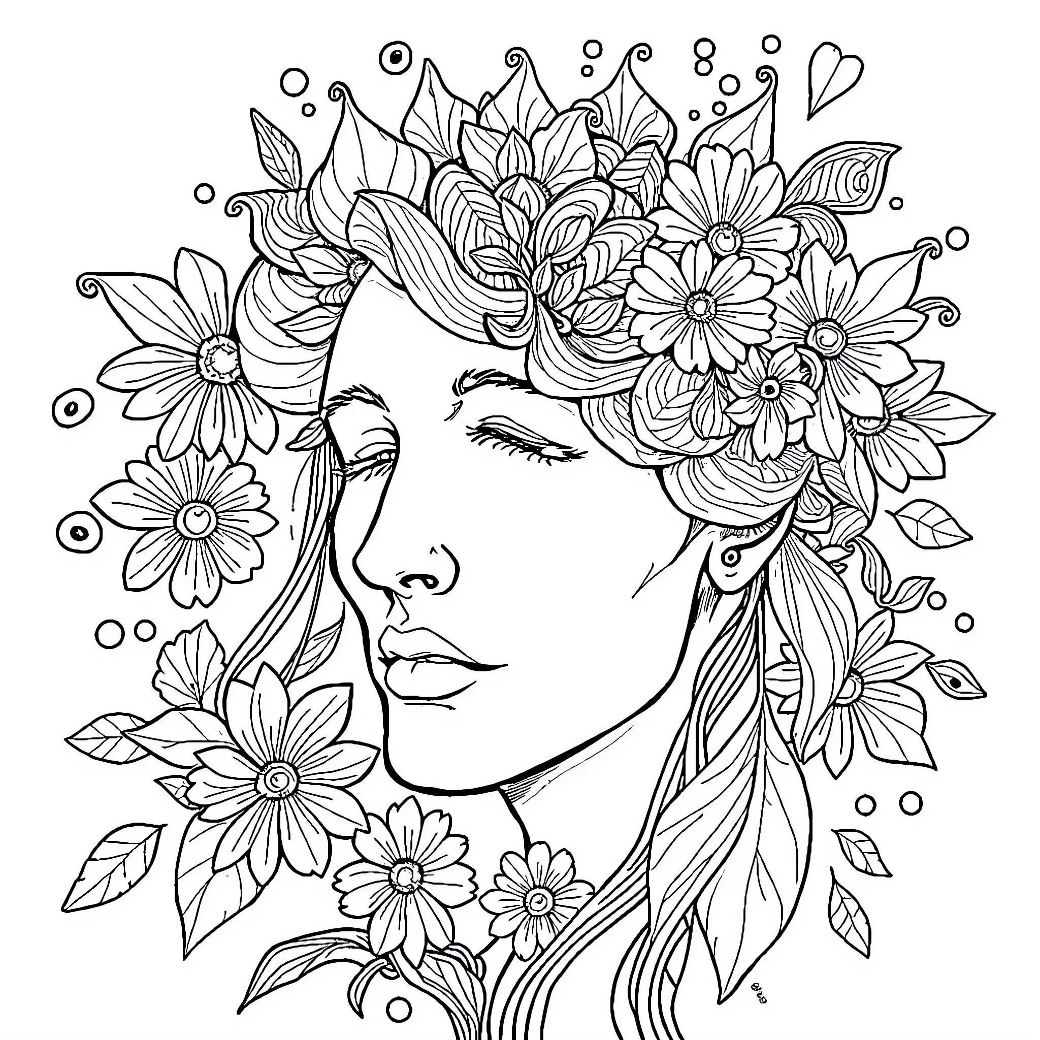 Brain Blossom: Floral Portrait of a Woman Coloring Page (free black-and-white line drawing printable PDF for all, from beginners to advanced learners, including children, teens, adults, and seniors)