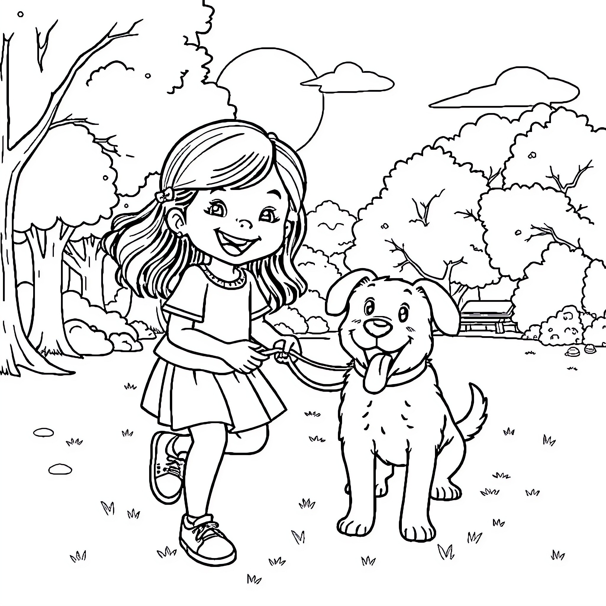 Girl and her dog enjoying an outdoor adventure Coloring Page (free black-and-white line drawing printable PDF for all, from beginners to advanced learners, including children, teens, adults, and seniors)