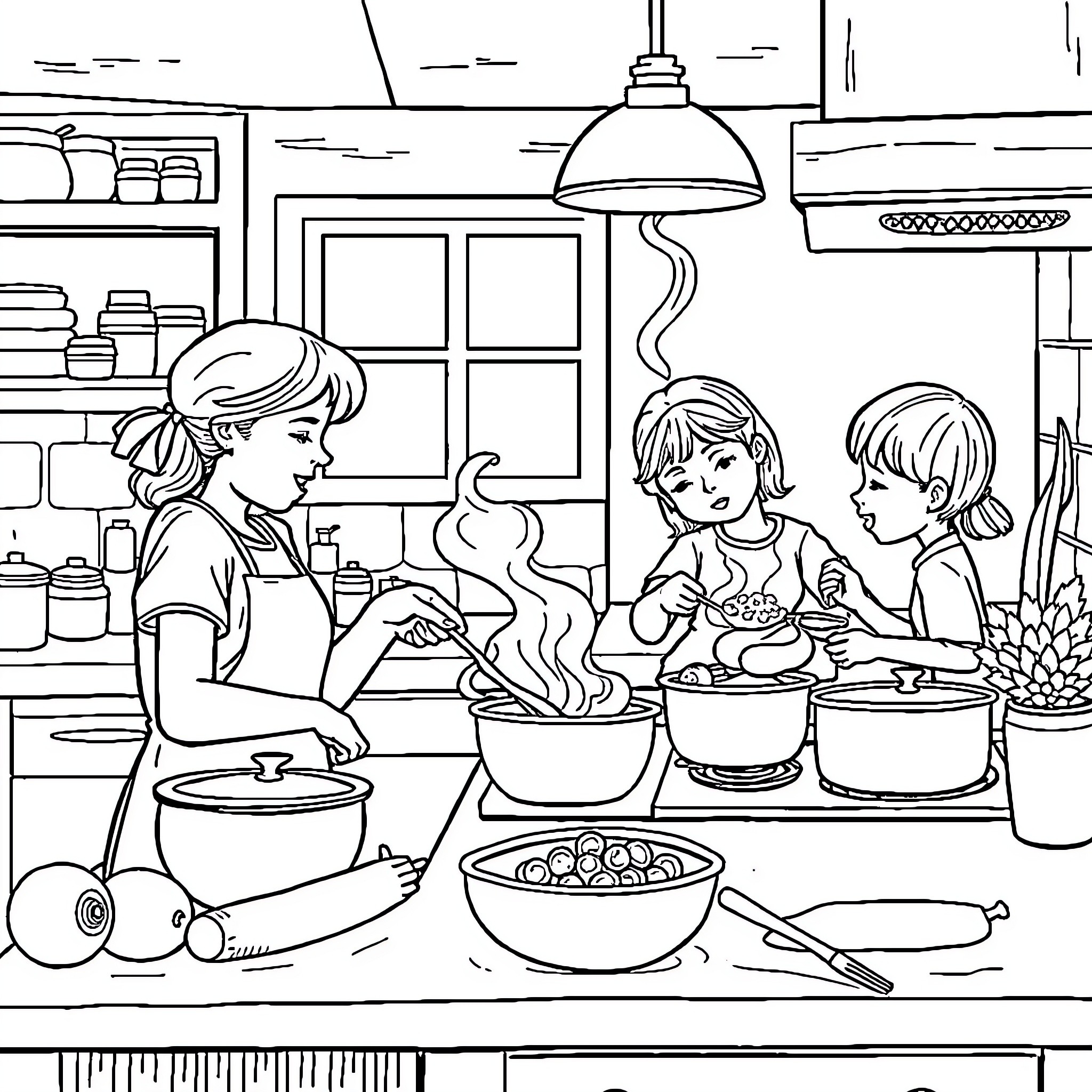 Family Cooking Together Happily in the Kitchen Coloring Page (free black-and-white line drawing printable PDF for all, from beginners to advanced learners, including children, teens, adults, and seniors)