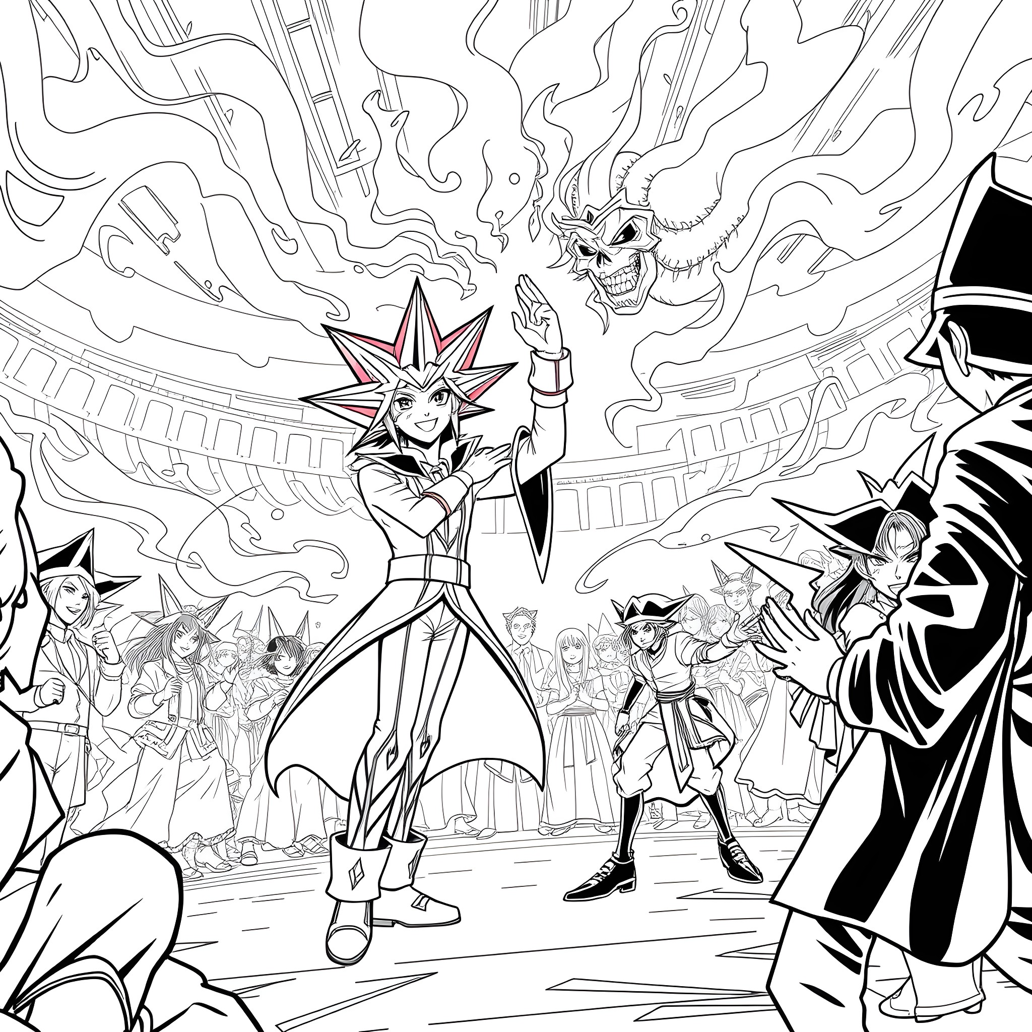 Yu-Gi-Oh: Duelists Clash in Epic Battle Coloring Page (free black-and-white line drawing printable PDF for all, from beginners to advanced learners, including children, teens, adults, and seniors)