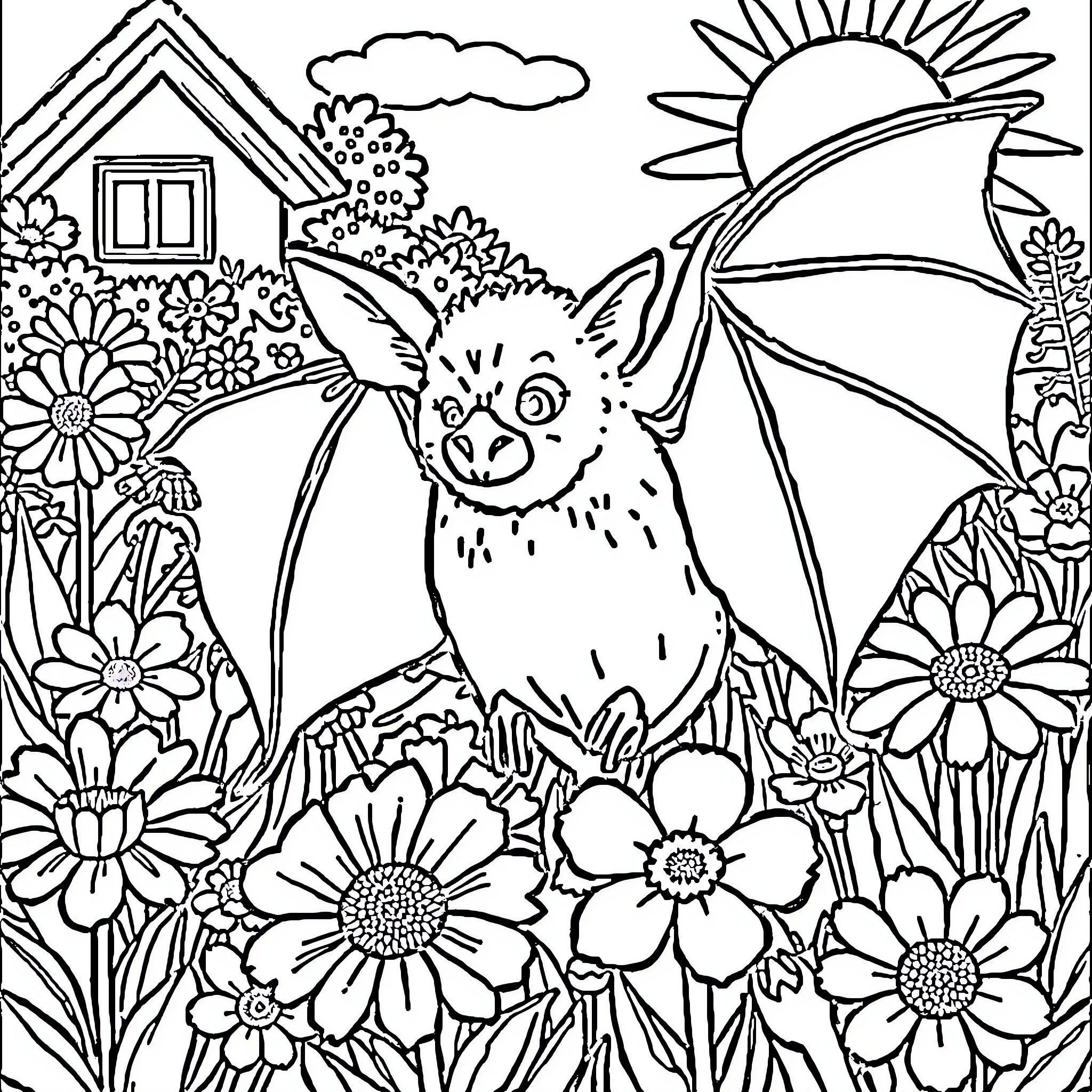 Bat enjoying a sunny day in a flowery garden Coloring Page (free black-and-white line drawing printable PDF for all, from beginners to advanced learners, including children, teens, adults, and seniors)