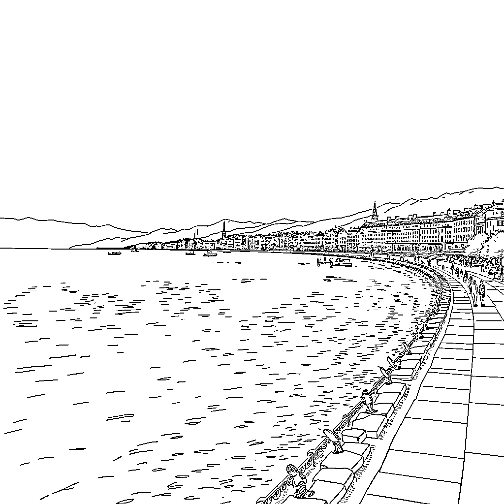 Lake promenade with scenic views and buildings Coloring Page (free black-and-white line drawing printable PDF for all, from beginners to advanced learners, including children, teens, adults, and seniors)