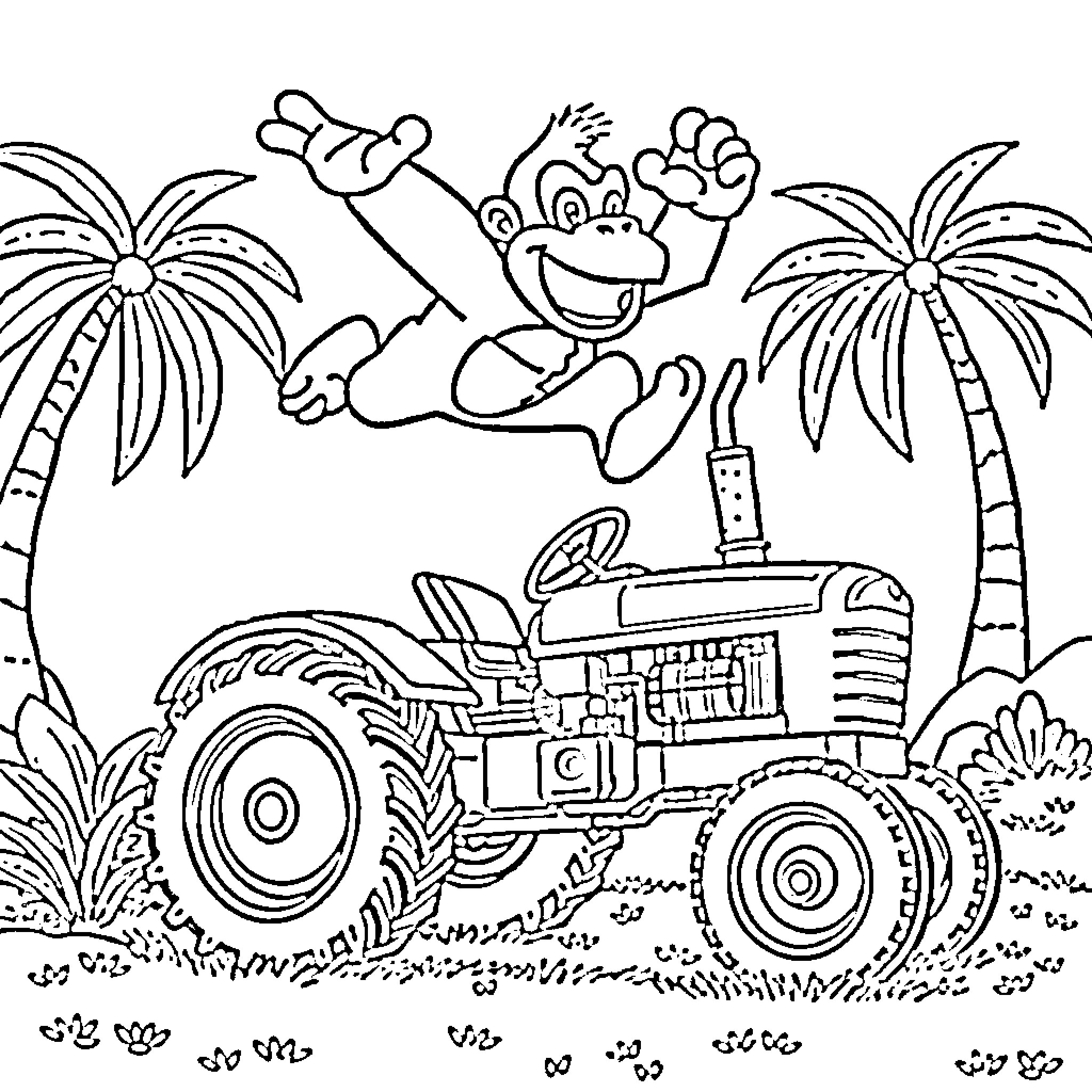 Donkey Kong enjoying a tractor ride in a tropical setting Coloring Page (free black-and-white line drawing printable PDF for all, from beginners to advanced learners, including children, teens, adults, and seniors)