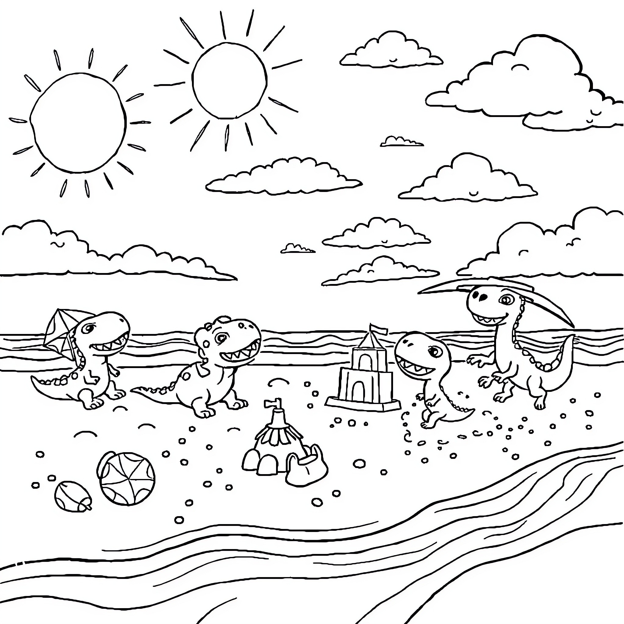 Dino Bars playing on the beach Coloring Page (free black-and-white line drawing printable PDF for all, from beginners to advanced learners, including children, teens, adults, and seniors)